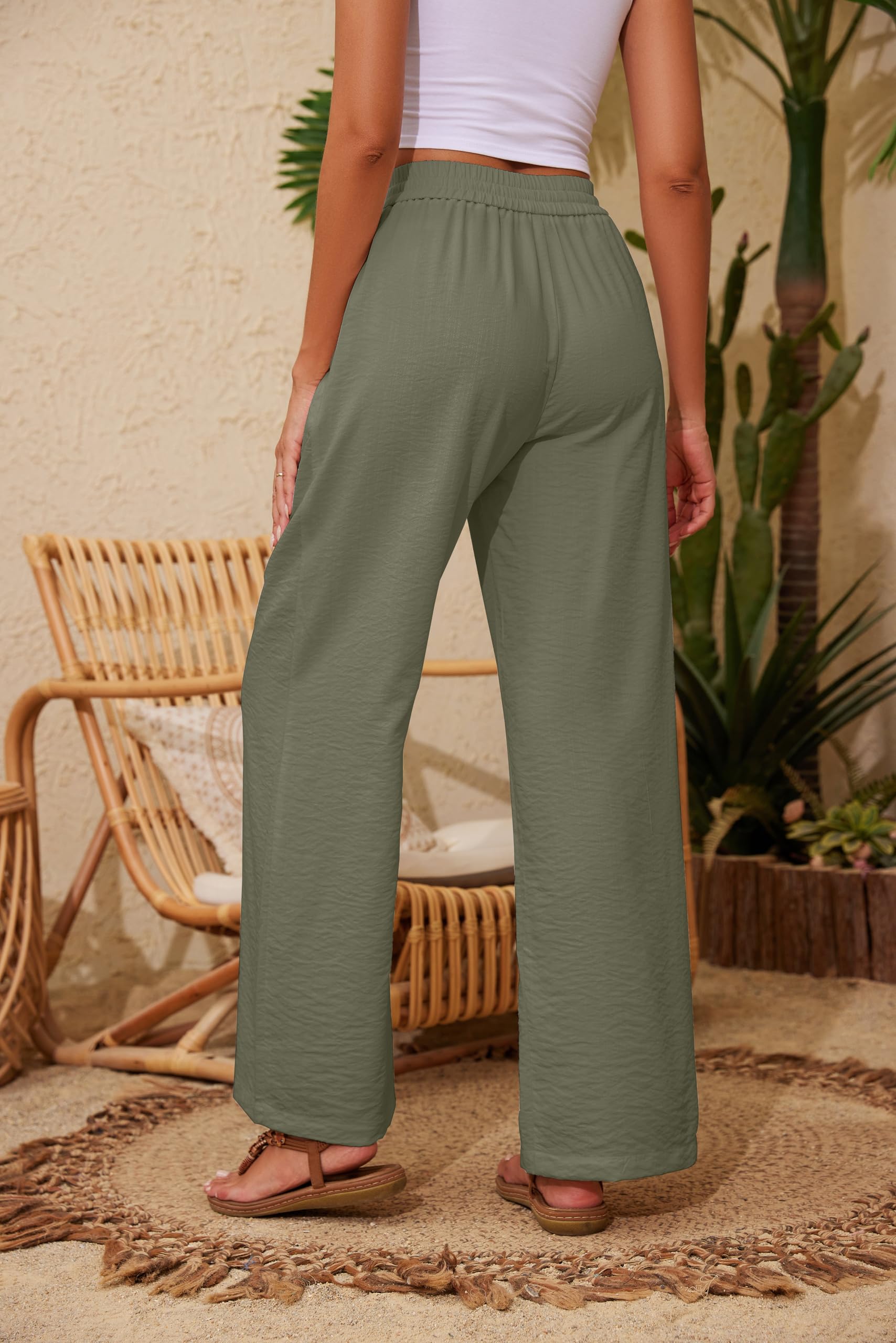 Women Pants Flowy Pants Drawstring Waist Wide Leg Palazzo Beach Pants Loose Fit with Pockets