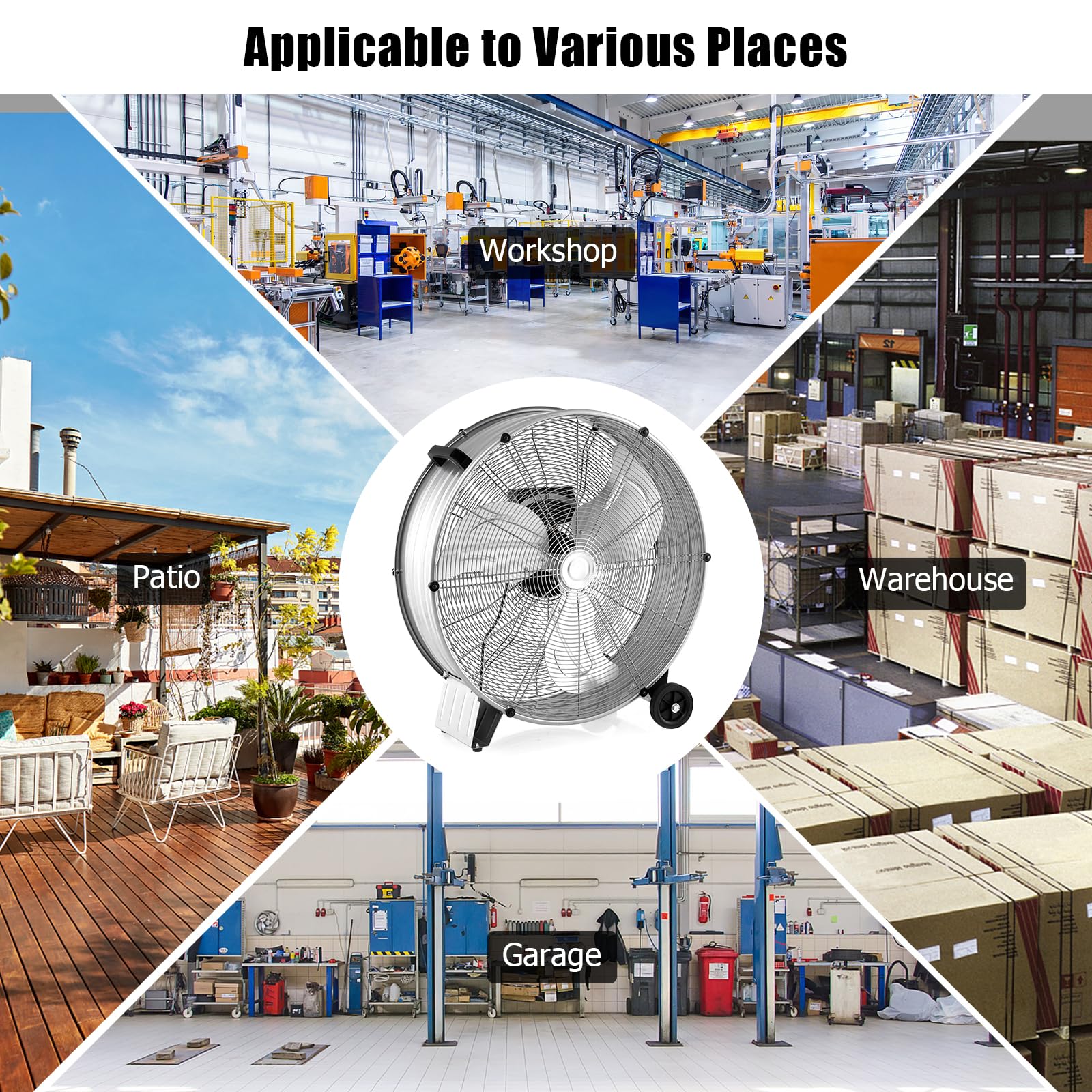 SOARS Ventilatori da Pavimento, 3 Velocità di Vento Regolabili, Ventilatore Industriale in Metallo, 2 Ruote in Gomma, per Magazzino, Officina, Cantina, Ufficio, Ø60 CM (Argento)