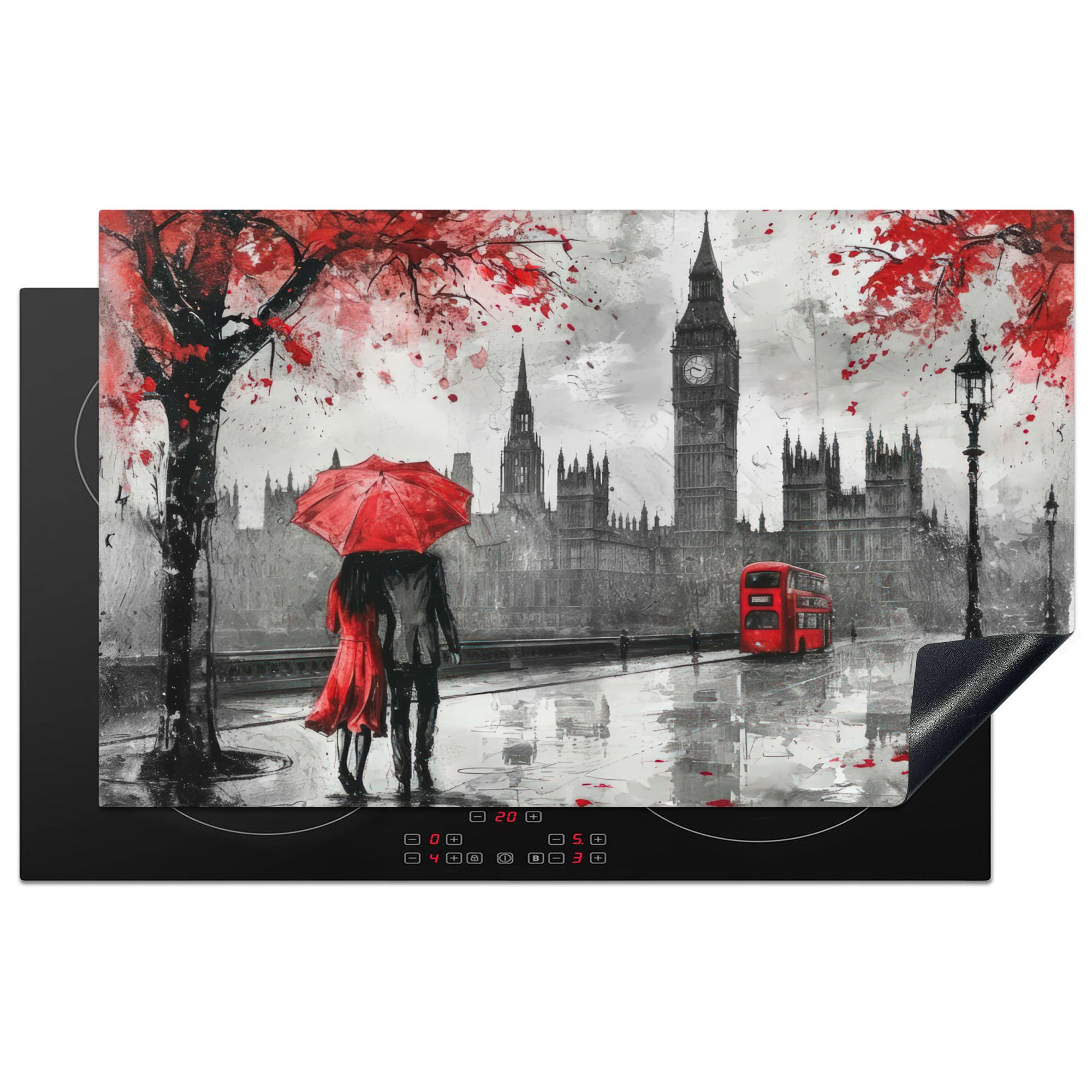 KitchenYeah© Induction Hob Protector Mat 20.3"x32.7" / 83x51.5 cm Cooker Top Protectors Cover Ceramic Covers Electric Hobs Vinyl London - Red - Black - Couple - Romantic — image 1