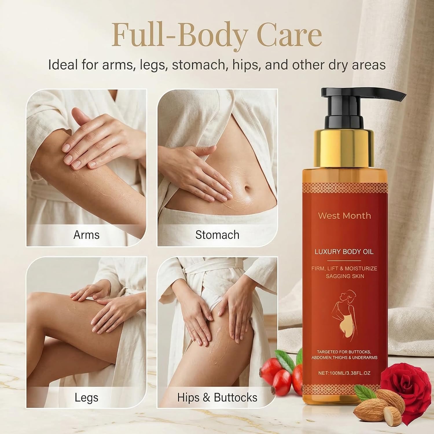 Body Oil for Women, Firming Body Oil for Dry & Crepey-Looking Skin, Fast-Absorbing After Shower Body Oil, Hydrating Full Body Moisturizer for Arms, Legs & Stomach, 2 Pack