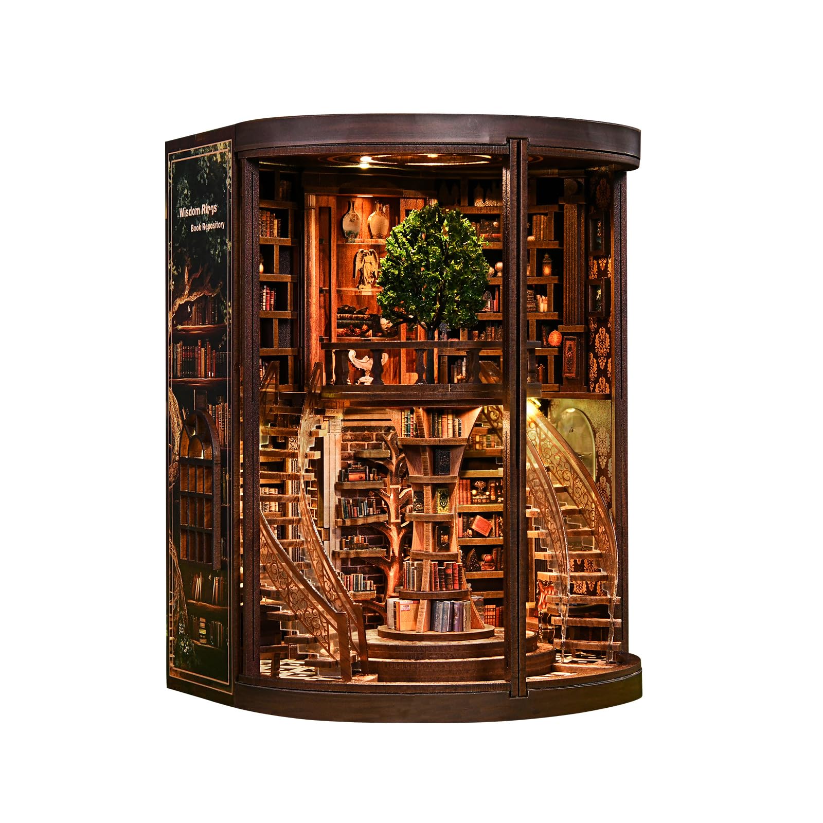 Book Nook Kit-Fermalibri Wisdom Rings Book Archive in legno e puzzle 3D con luce LED, set fai da te per adulti, kit diorama per decorazione libreria, regalo di Natale per compleanni