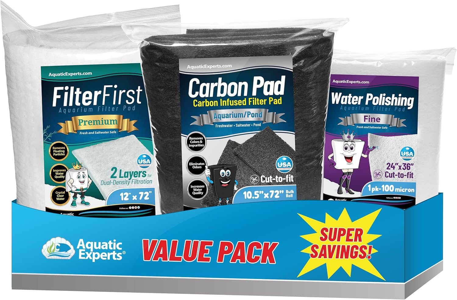 Aquatic Experts Carbon Filter 10.5"x72" + FilterFirst 12"x72" + Polishing Pad 100 1-Pack Micron, Made in USA (Value Pack)