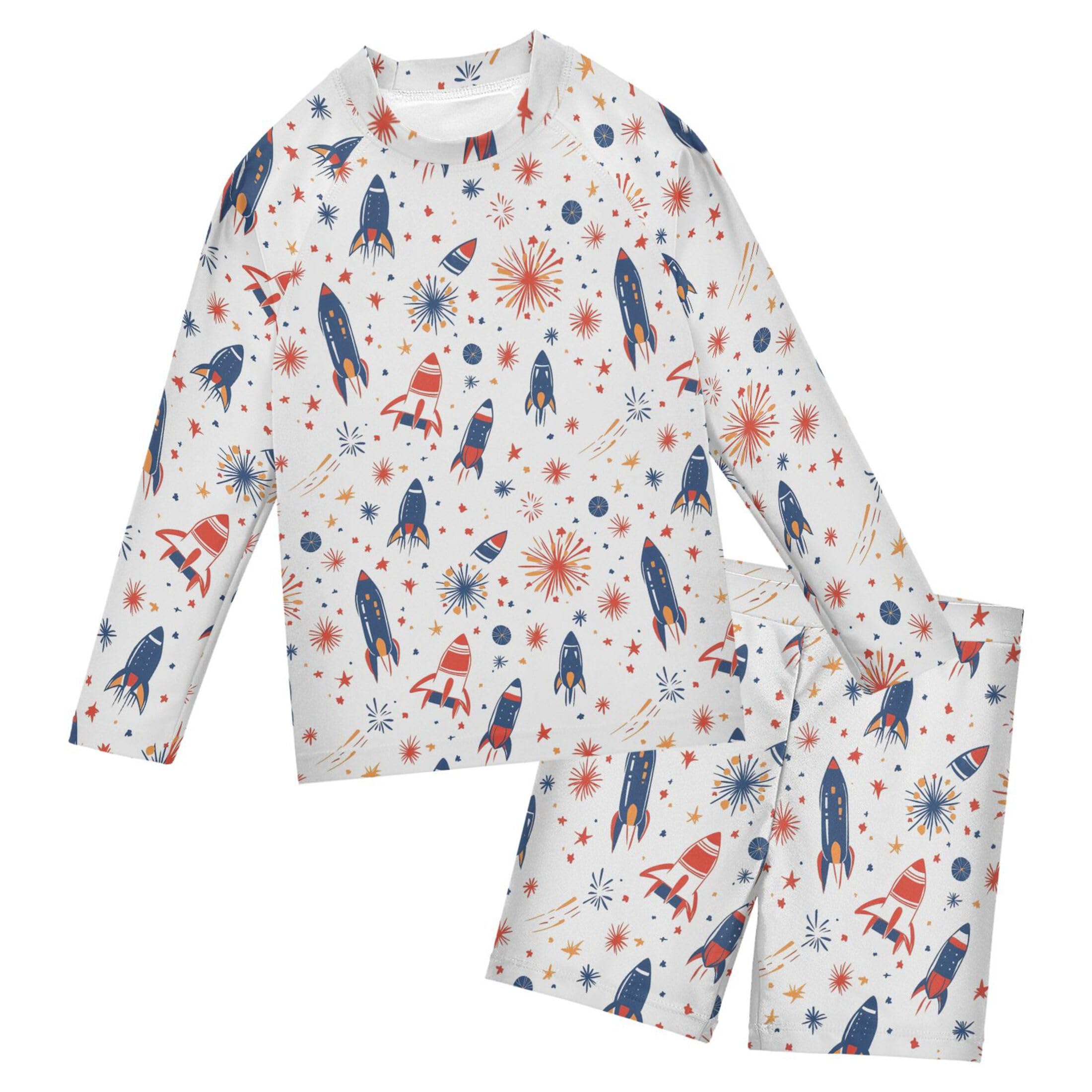 July 4th Independence Day Rocket Baby Boys' Toddler Long Sleeved Rashguard Swim Bathing Suit Set B0404581