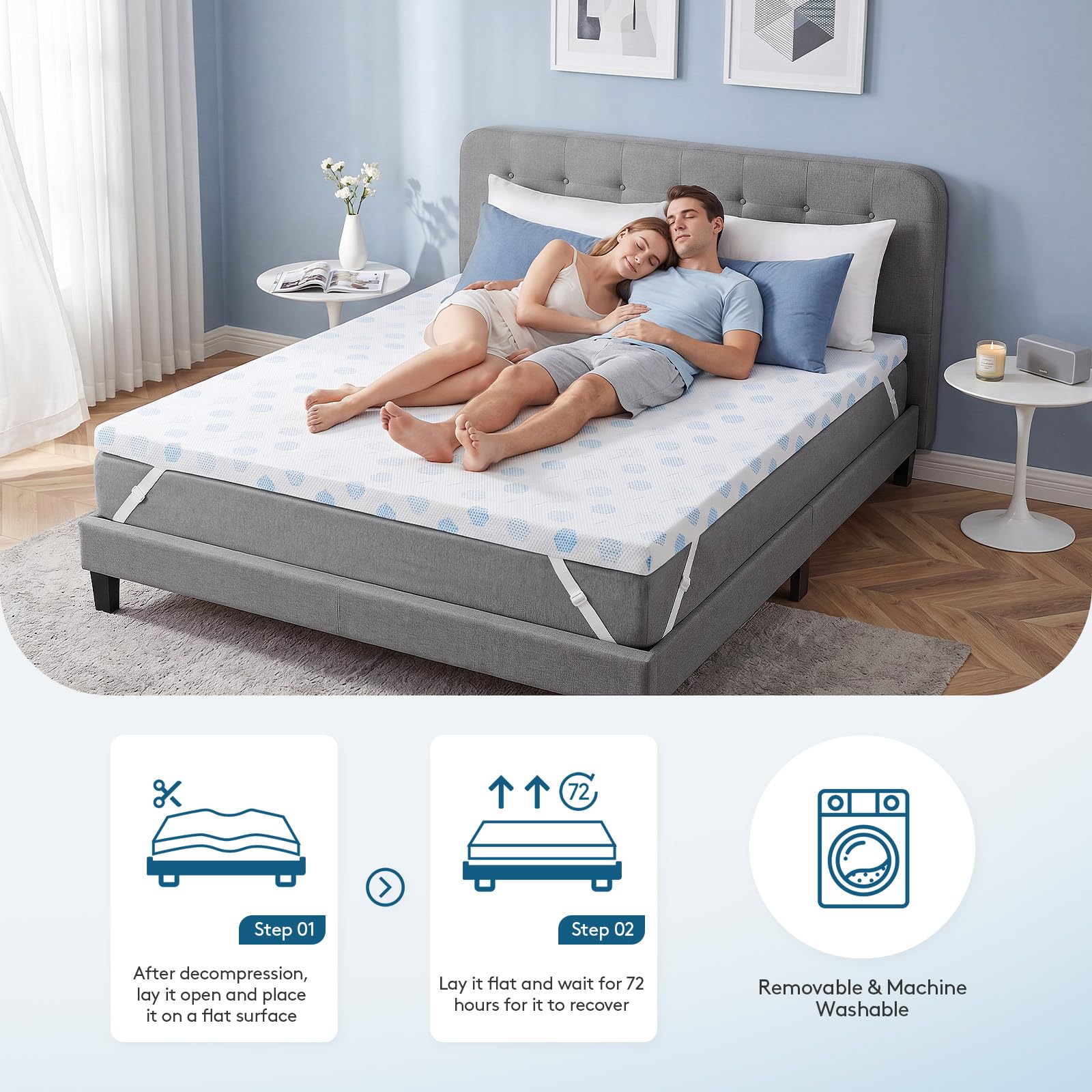 Matratzentopper 140x200 cm, 7 cm Gel-Memory-Schaum, atmungsaktiver Topper | Matratzen topper mit waschbarem Bezug, Spanngurten, Rutschfest, Mattress Topper für Boxspring, Schlafsofa, Wohnmobil, Betten