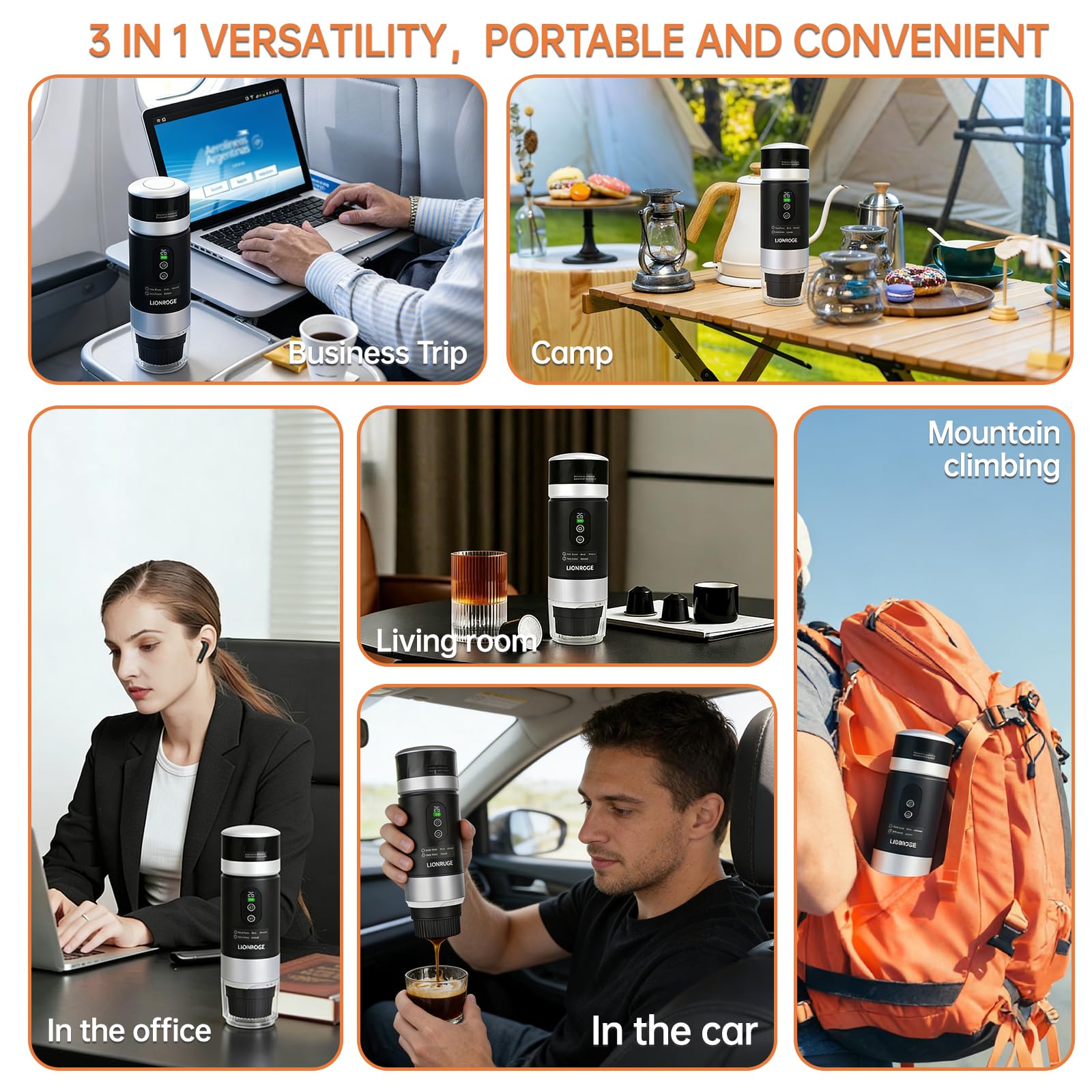 LIONROGE Akku Kaffeemaschine,3 in 1 Tragbare Espressomaschine,mini Espressomaschine für Kapsel und Gemahlener Kaffee,mit Wechselbare Akku*2 für Wohnmobil Wandern Camping