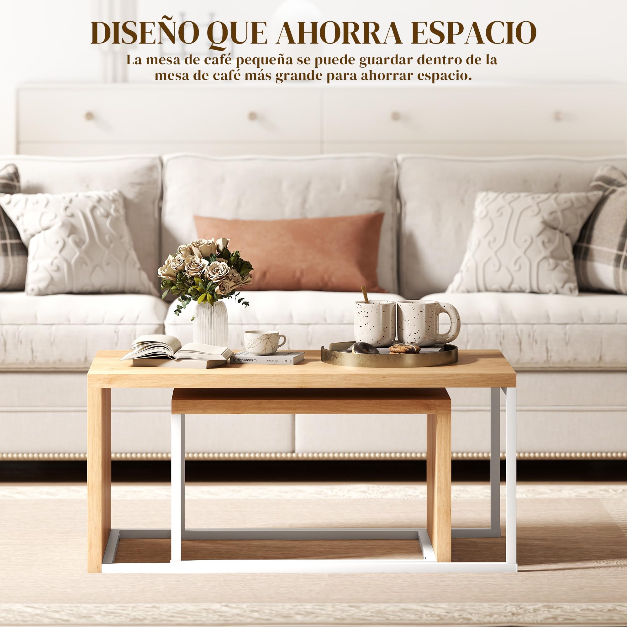 HOMCOM Juego de 2 Mesas de Centro, Mesa Nido Moderna, Mesitas Auxiliares, Marco de Metal, para Salón, Dormitorio, Grande 90x48x42 cm y Pequeña 59x42x36 cm, Natural y Blanco
