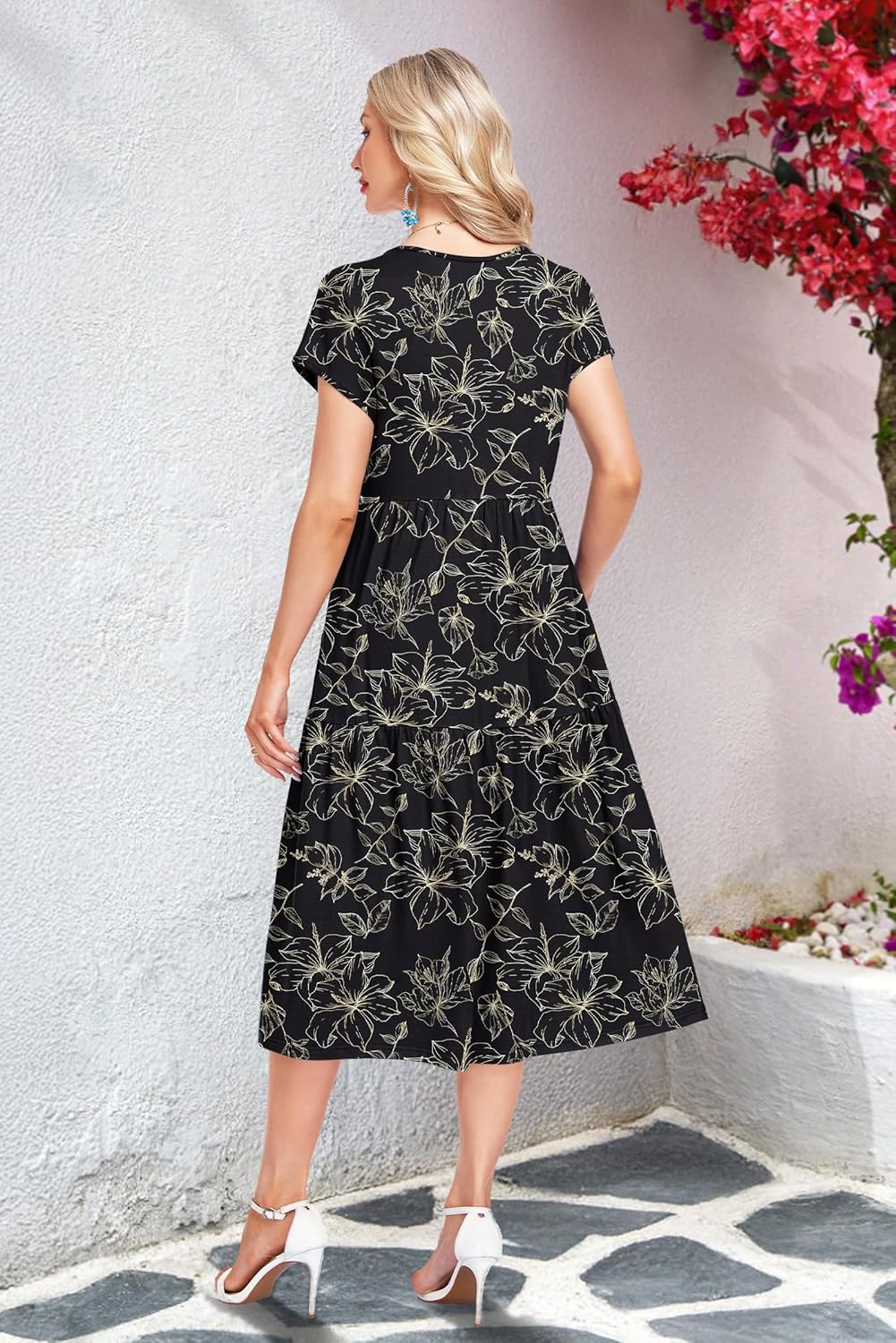 WNEEDU Summer Dresses for Women 2026 Casual V Neck Cap Sleeve Tiered Swing Flowy Midi Dress Beach Vacation Sundress