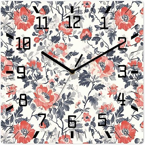 Vintage Red Black Wooden Wall Clock Silent Non Ticking, Country Watercolor Flower Leaf Plant Square Wall Clocks Battery Operated, Decor Clock for