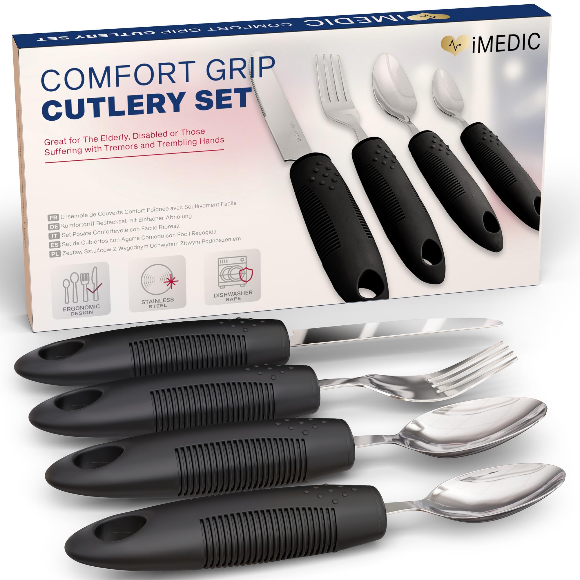 Easy Grip Cutlery for Arthritic Hands Black (1 Pack) – Adaptive Utensils Designed to Support Disabled Adults – Weighted Tableware Set – Caring Aid for Tremors, Parkinson’s
