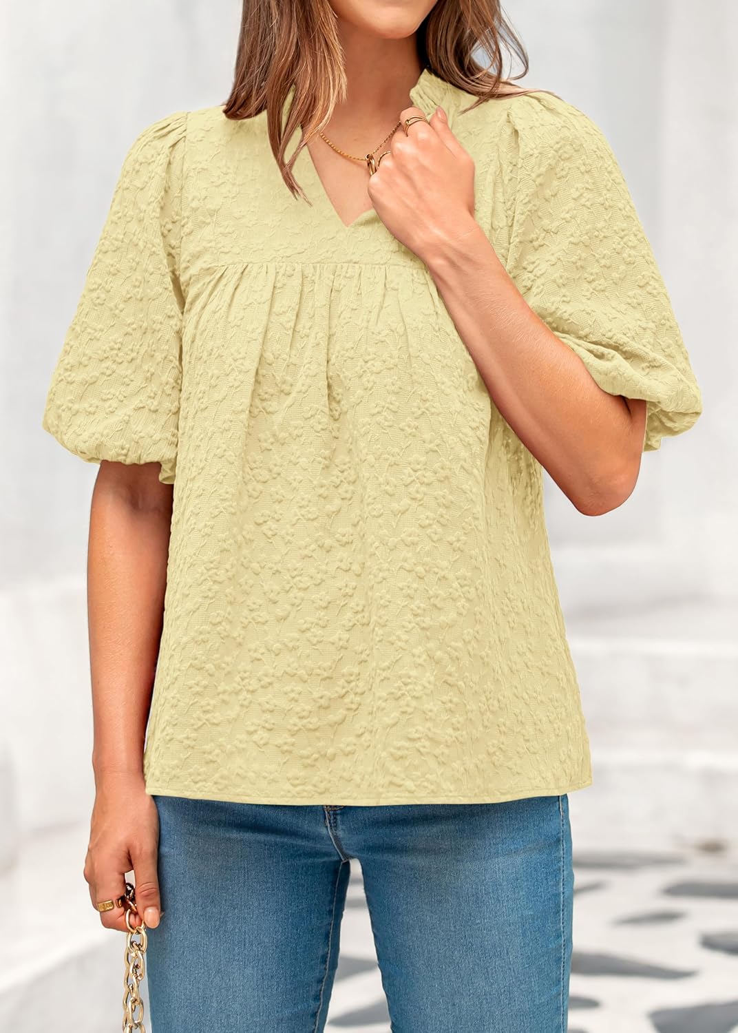 MASCOMODA Womens Summer Tops 2026 Ruffle V Neck Blouses Loose Puff Short Sleeve Jacquard Babydoll Tops Casual Dressy T-Shirts
