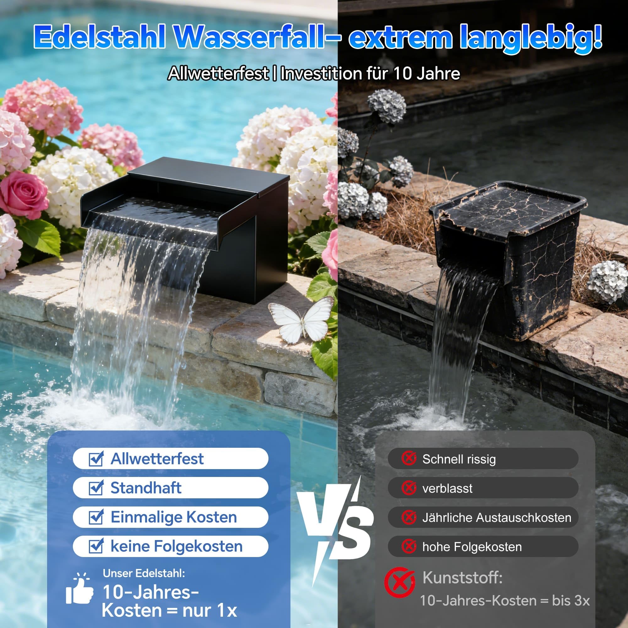 Biling 50W Solarowy zestaw wodospadowy ze stali nierdzewnej kompletny z pompą i filtrem 40W 2100L/H 20 cm wodospad do stawu ogrodowego, stawu z rybami Koi, basenu kąpielowego, dekoracja ogrodu