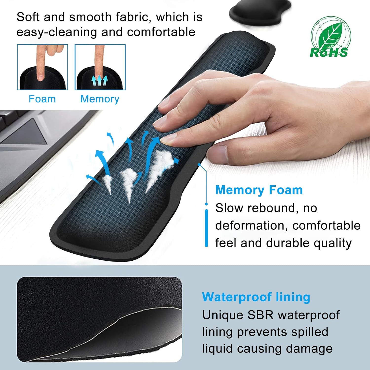 NPET WR10 Memory Foam Keyboard Wrist Rest Pad, Mouse Wrist Ergonomic Cushion Set Support for Office, Computer, Laptop, Mac, Comfortable, Lightweight for Keyboard Mouse Easy Typing Pain Relief, Black : Office Products