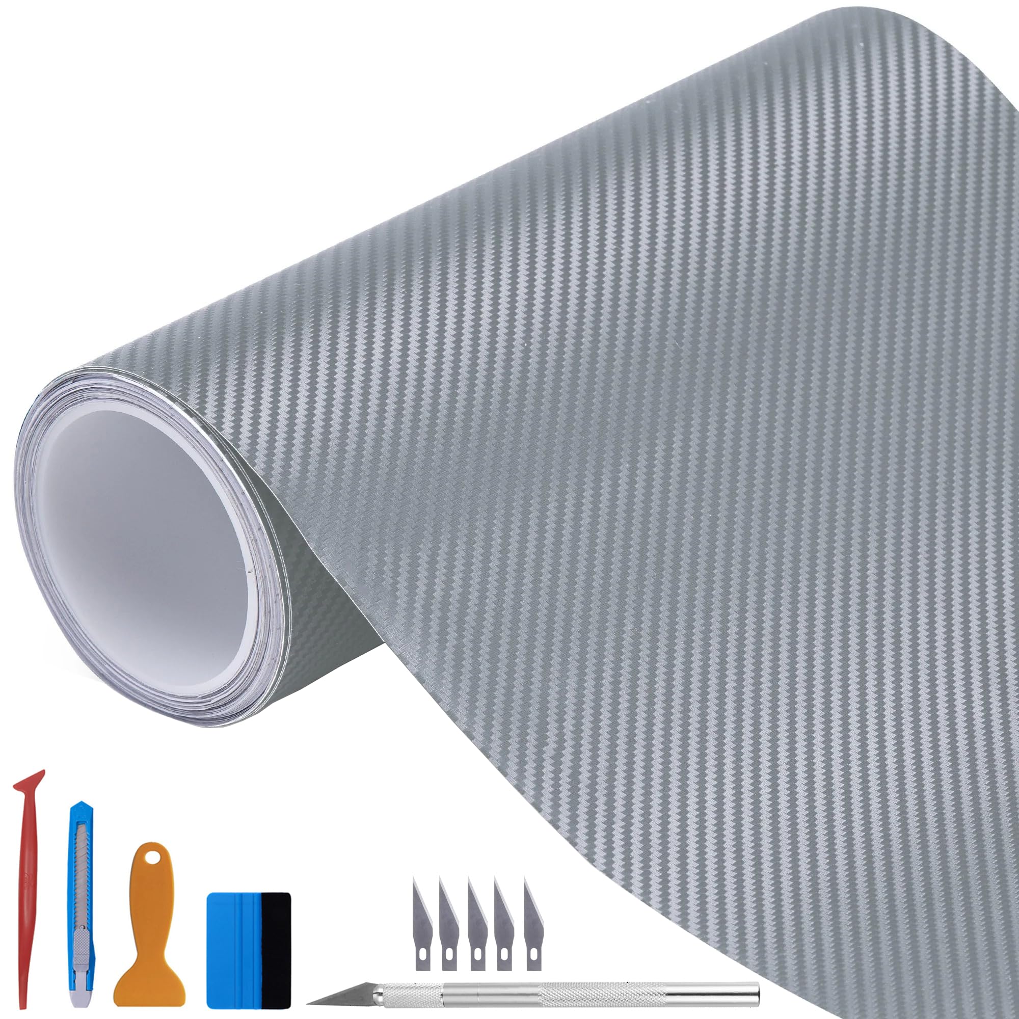 NewL Rouleau de Film adhésif 3D 100 x 300 cm, en Fibre de Carbone argenté, avec soufflage d'air, sans Bulles, avec Outils d'installation