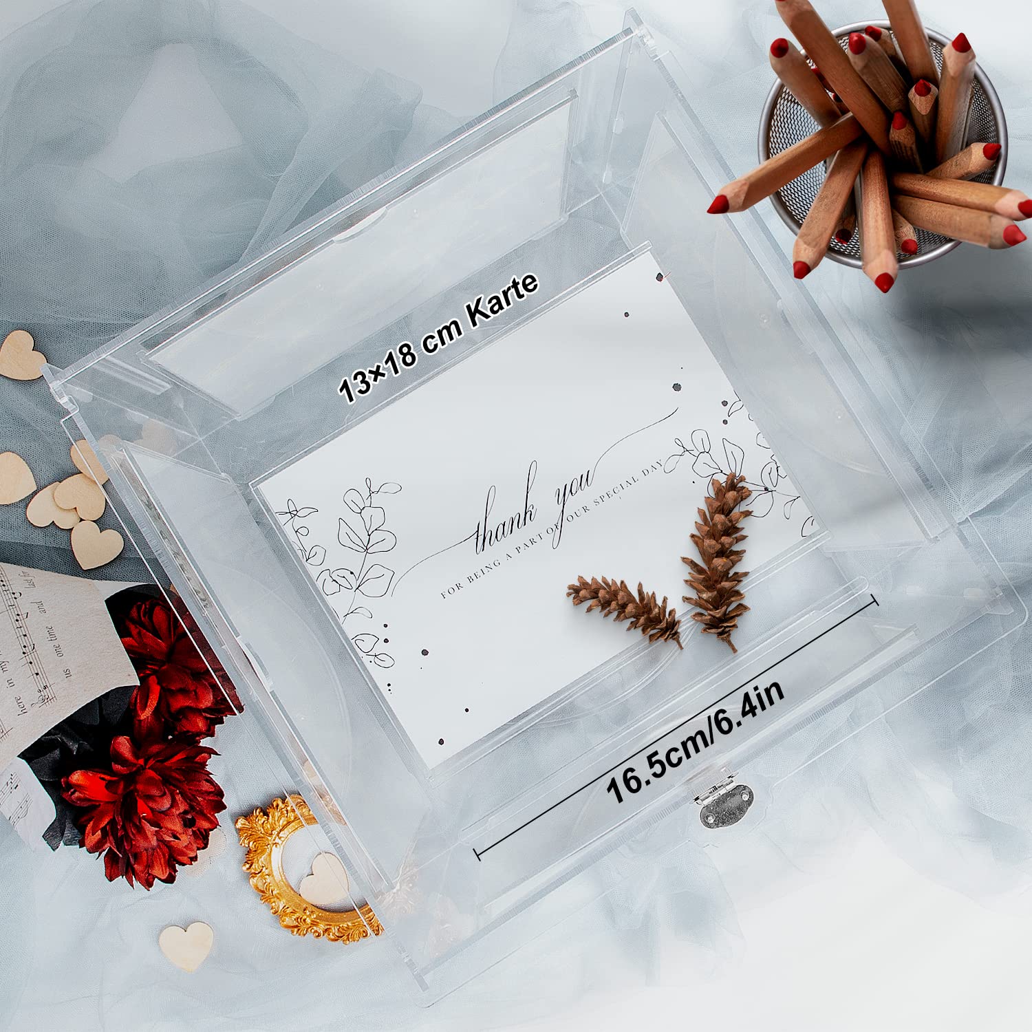 Benjia Hochzeit Kartenbox aus Acryl Hochzeitsbox mit Bilderrahmen für 15x20cm Bilder, Groß Kartenbox Geld Geschenkkarten Box Briefbox mit Schloss Schlitz Rezeption Hochzeit Geburtstag Jubiläum