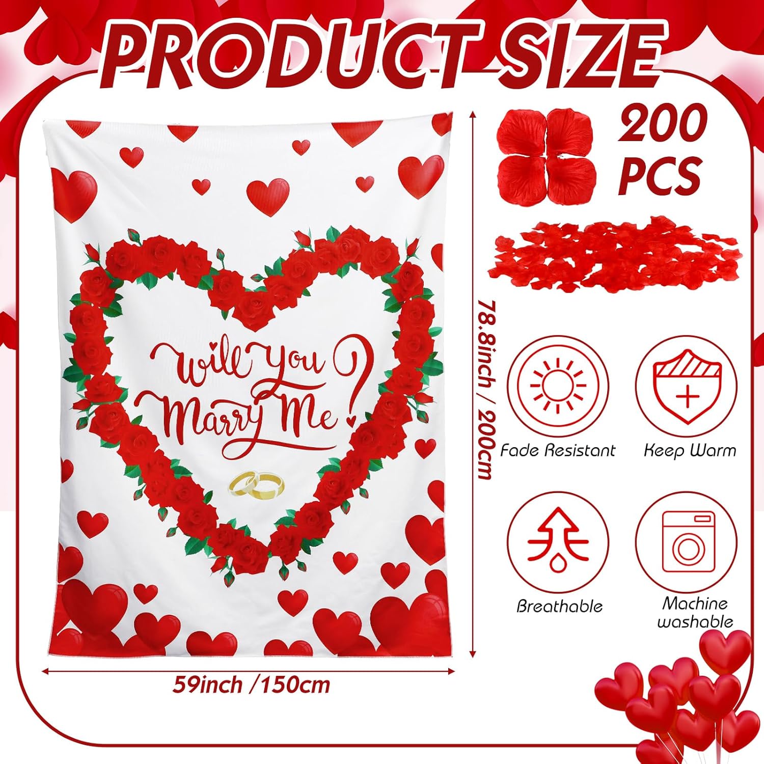 Dunzy Will You Marry Me Proposal Blanket and 2, 000 Artificial Rose Petals 60 x 80 Inch Valentine's Wedding Proposal Kit Marry Me Blanket for Outdoor Engagement Party Decoration