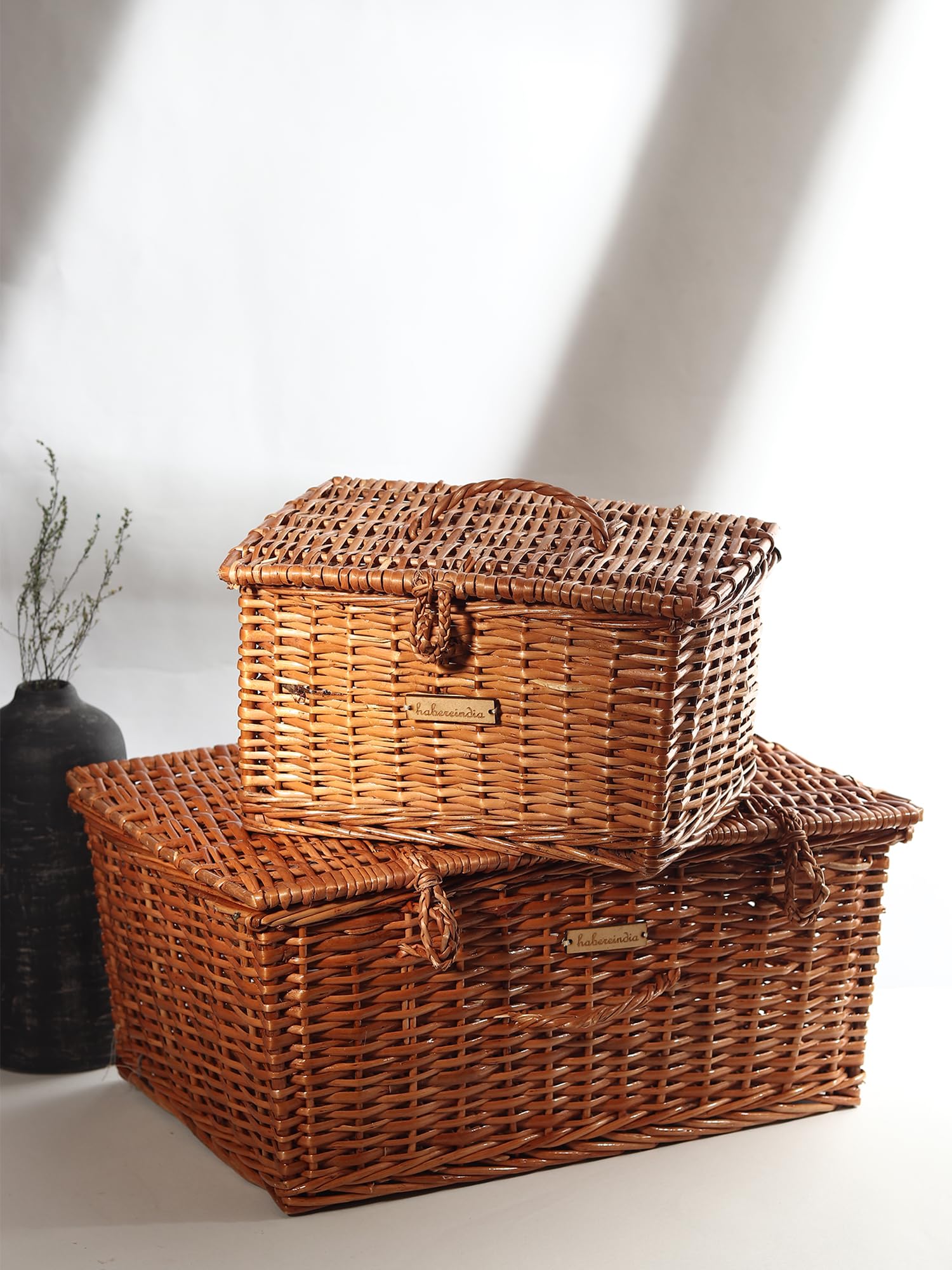 Habere India-All the Cultures Fabricating India Wicker Storage Basket with Lid | Wicker Lid Basket for Bathroom | Storage Baskets for Wardrobe | Gift Hamper Box | Picnic Box (Set of 2 (S,M)) (B0CPCKYRHK) Amazon Price History, Amazon Price Tracker