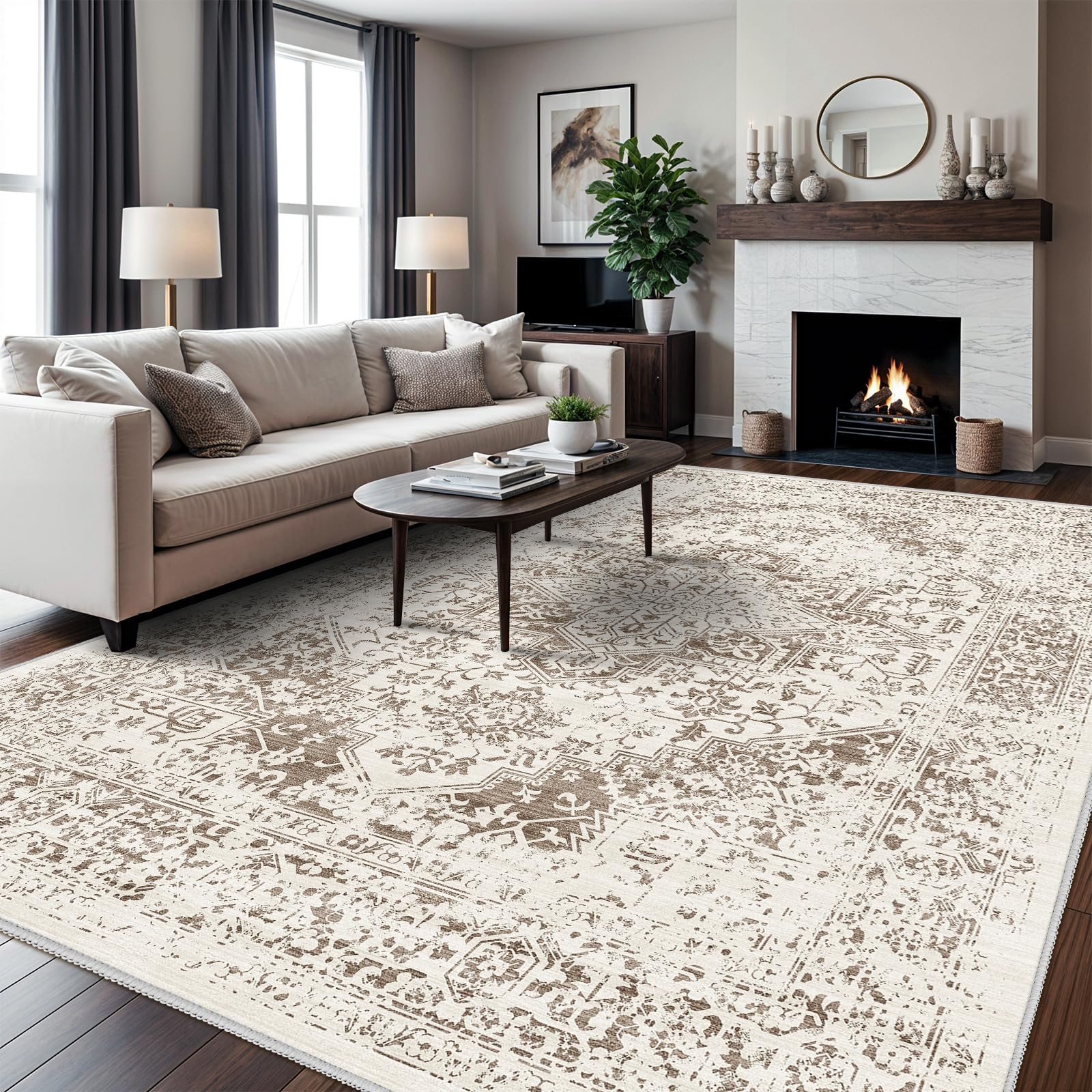 EISUROM 9x12 Washable Distressed Area Rugs Living Room Bedroom Kitchen Vintage Faded Rug Non-Slip Thin Ultra Soft Livingroom