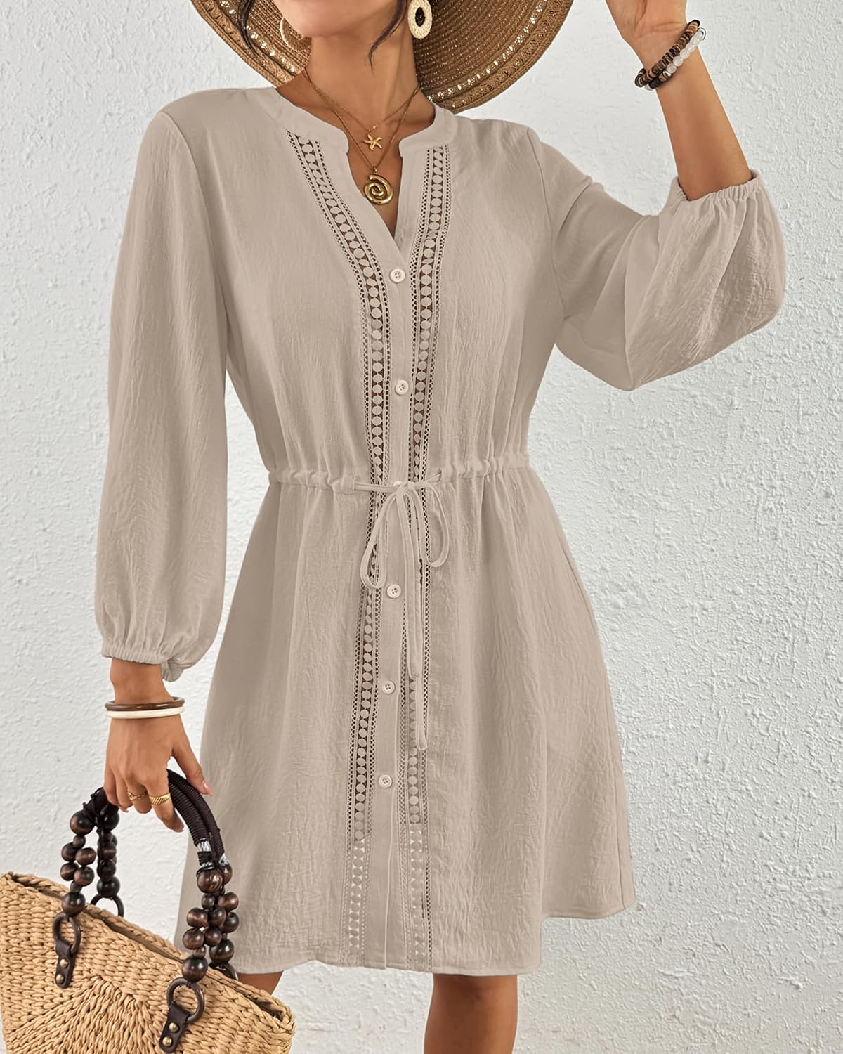 Bsubseach Swimsuit Coverup for Women V Neck Bathing Suit Cover Up with Pocket Drawstring Button Down Beach Shirt Dresses