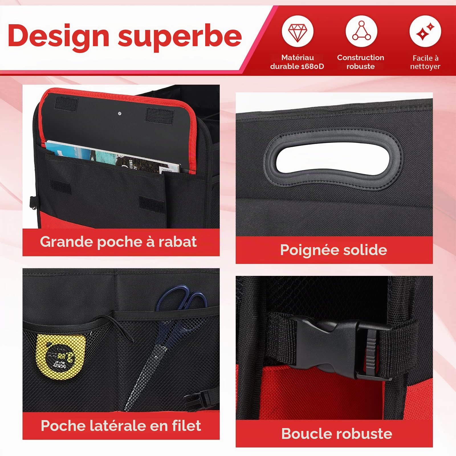 XXL Rangement Coffre, Multi-compartiments Organisateur De Coffre, Tissu Oxford 1680D, Pliable, Rouge