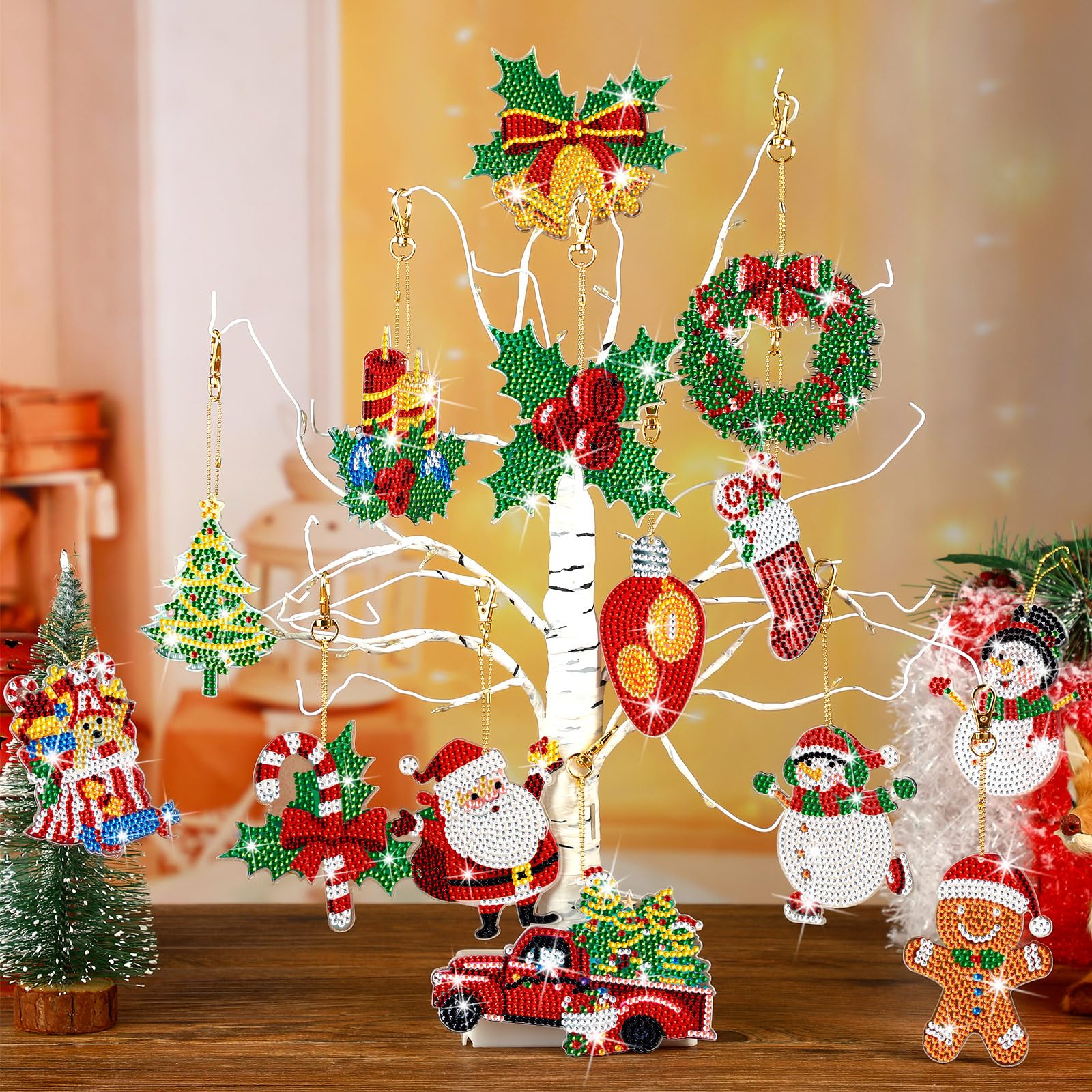 Equsion 14 Pcs Diamond Art Christmas Ornaments Christmas Diamond Painting Keychains Kits 5d DIY Hanging Double Sided Diamond Art Key Ring Painting Key Chain Family Decor Rhinestone Pendant (Classic)