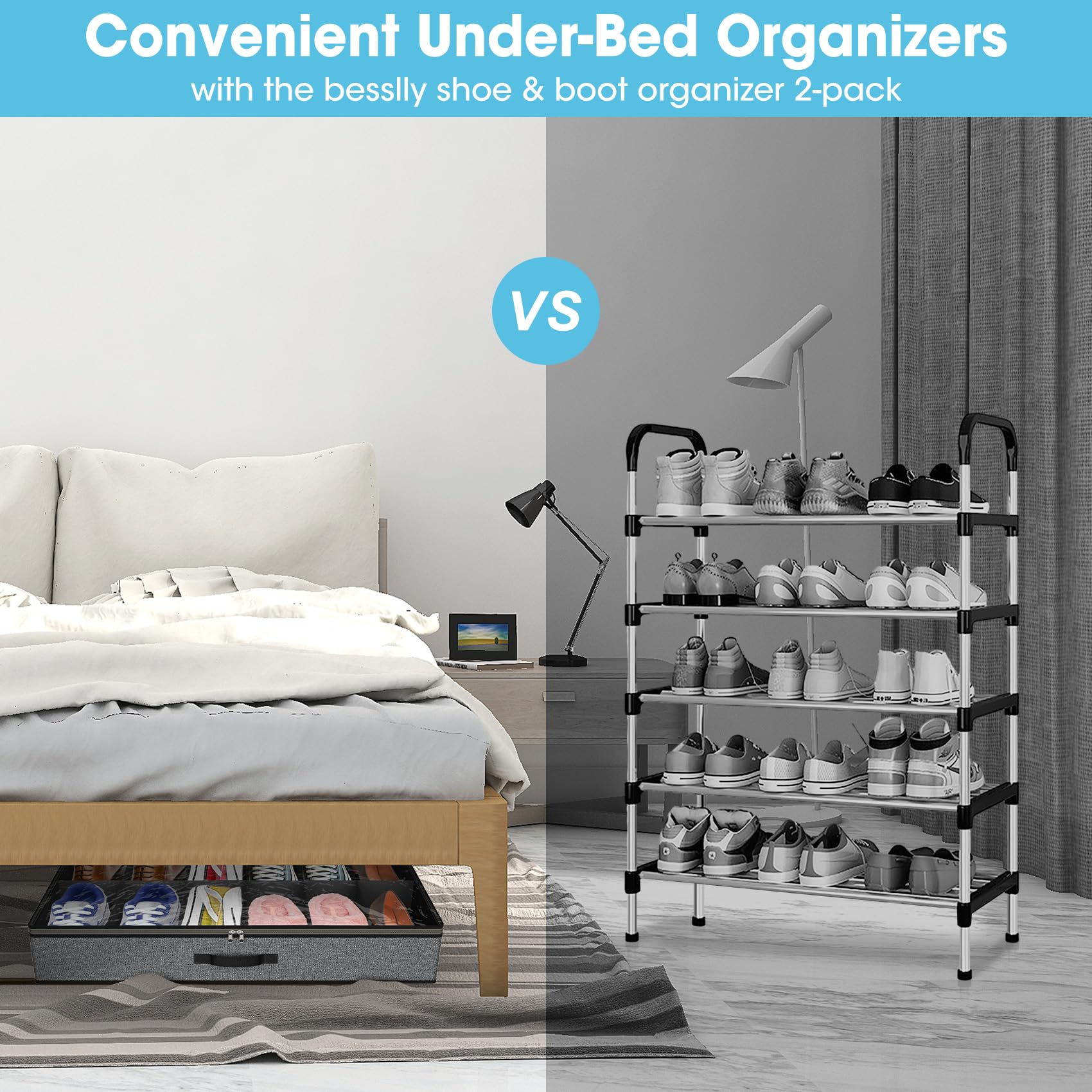 Confezione da 2 organizer per scarpe sotto il letto, per un totale di 24 paia di scarpe, pieghevoli, sotto il letto, con manici robusti e finestra trasparente per dormitori, grigio