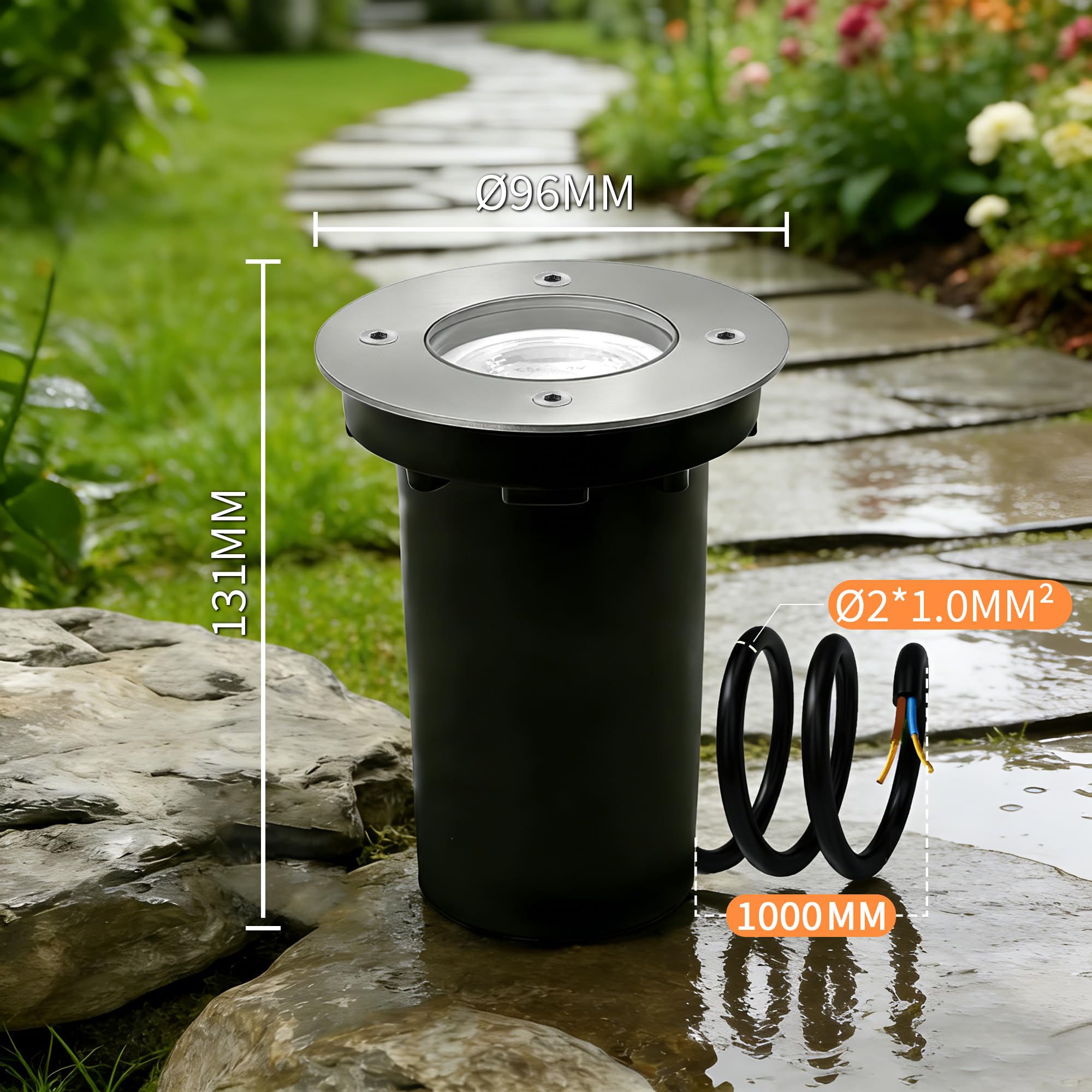 JNR Edelstahl Bodenstrahler Außen IP67 Wasserdicht 230V, Silber 8 Pack | Bodeneinbaustrahler Aussen mit 5W GU10 3000K Glühbirne, Rund Bodenleuchten Gartenbeleuchtung mit Strom