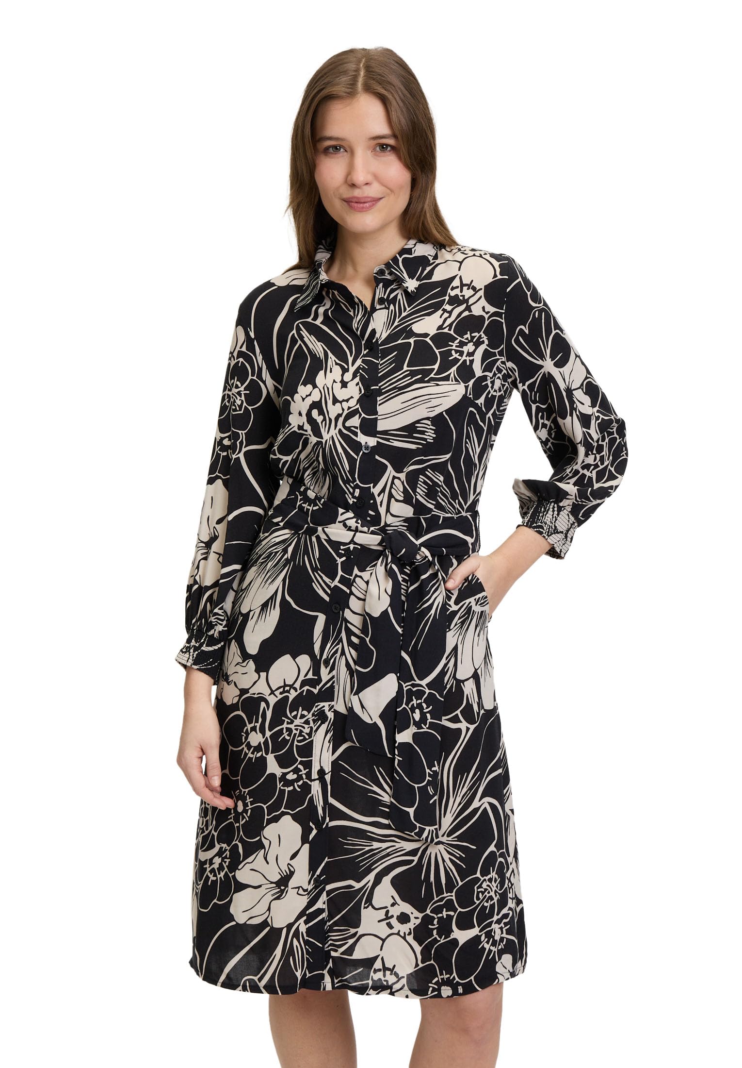 Betty Barclay Women's Shirt Blouse Dress with Tie Belt, Black/Beige, 12