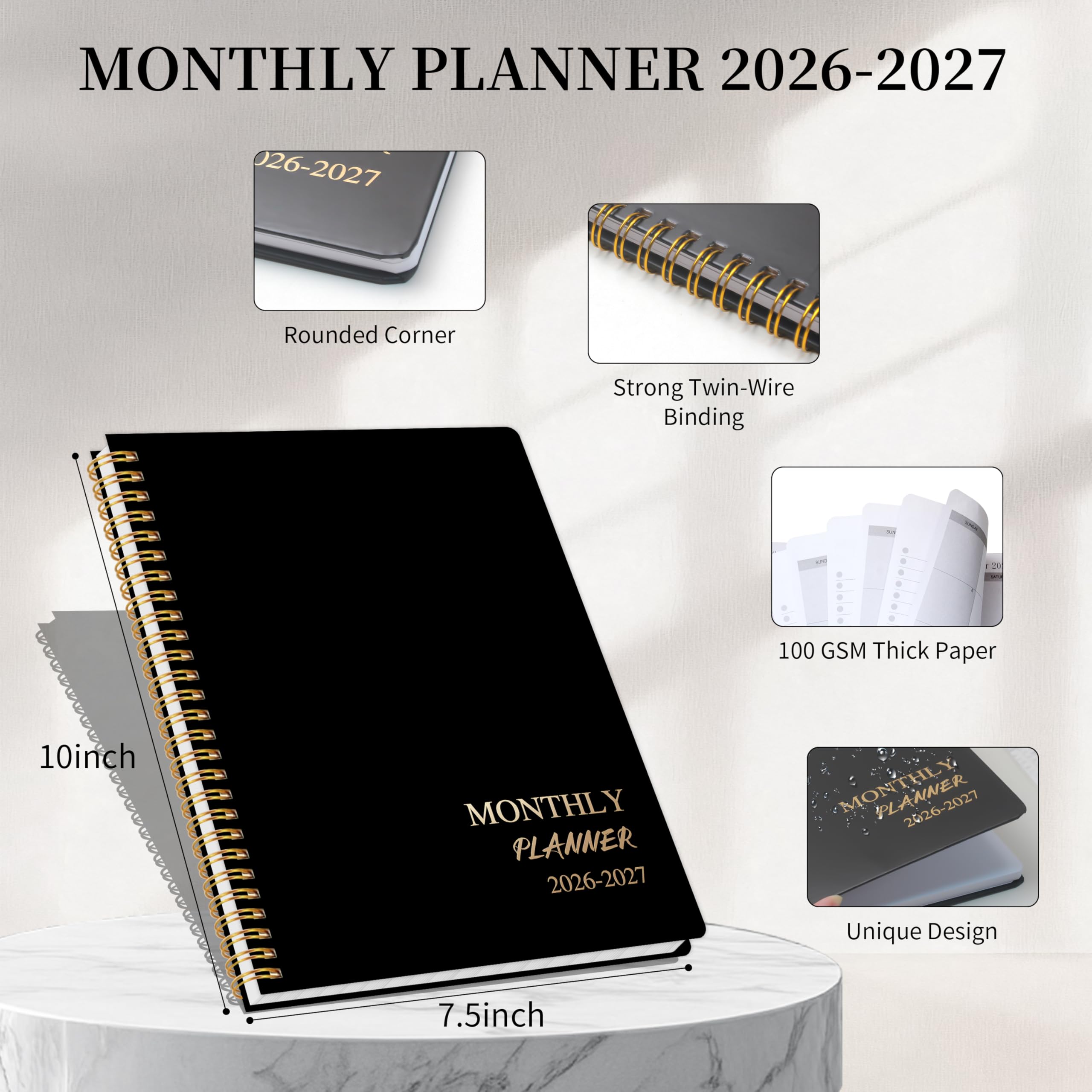 Monatsplaner 2026-2027 - Jan.2026 - Dez. 2027, 2-Jahreskalender 2026-2027, Monatsplaner 19,1 x 25,4 cm, 24 Monate Kalender mit Notizseiten, Doppeldrahtbindung, für Büro, Schule, Heimplanung - Schwarz