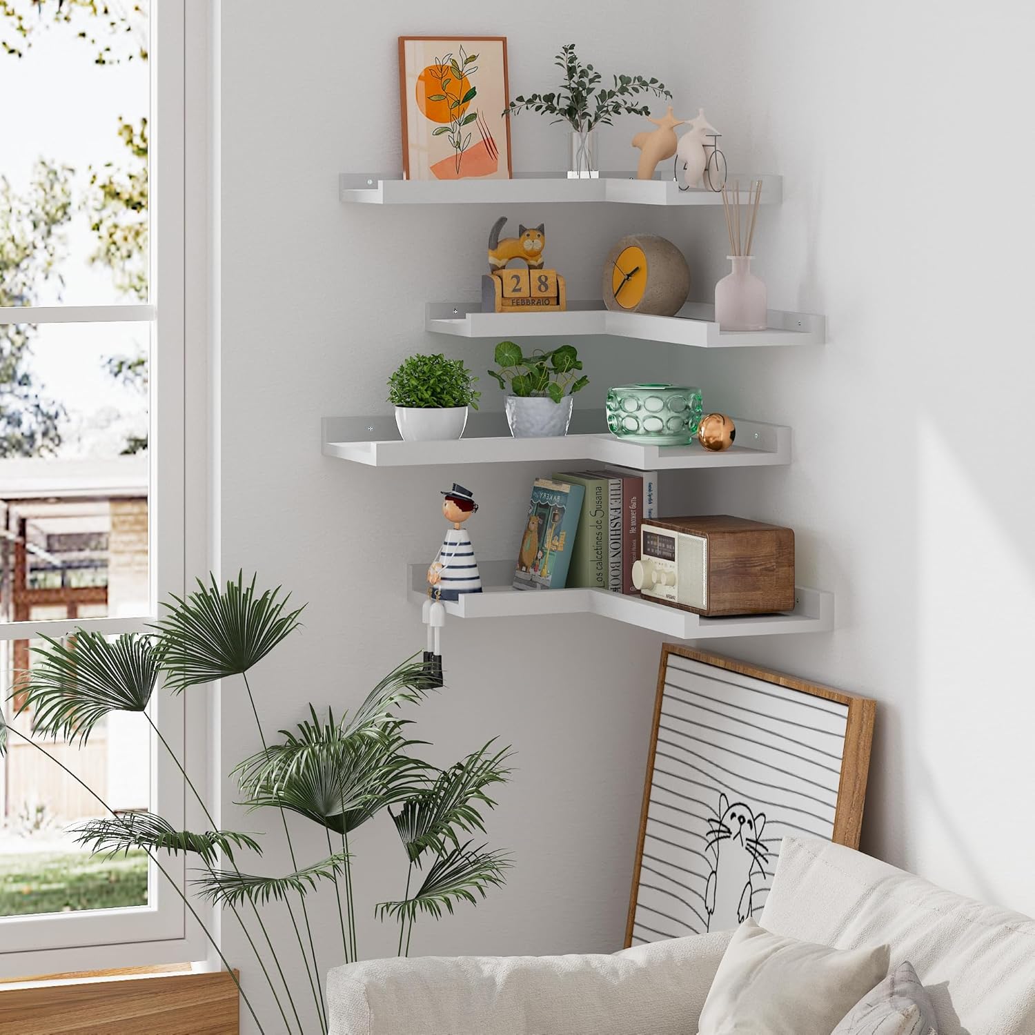 4 Tier Corner Wall Shelf, Floating Shelves with Lip, White Modern Corner Shelves Wall Mounted, Solid Pine Wood L Shaped Shelf for Living Room, Bedroom, Bathroom, Home Storage