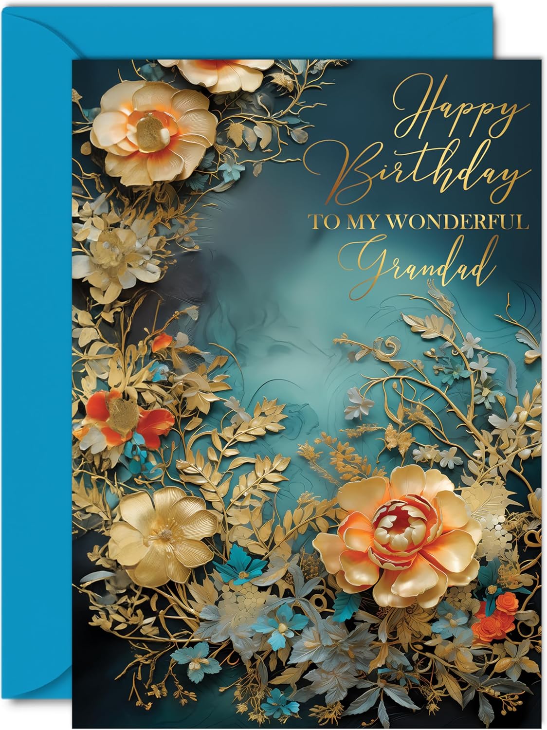 Beautiful Gold Birthday Cards for Grandad - Wonderful Golden Flowers - Elegant Traditional Pretty Birthday Card for Grandad from Granddaughter Grandson, 5x7 Inch Gorgeous Greeting Cards Gift