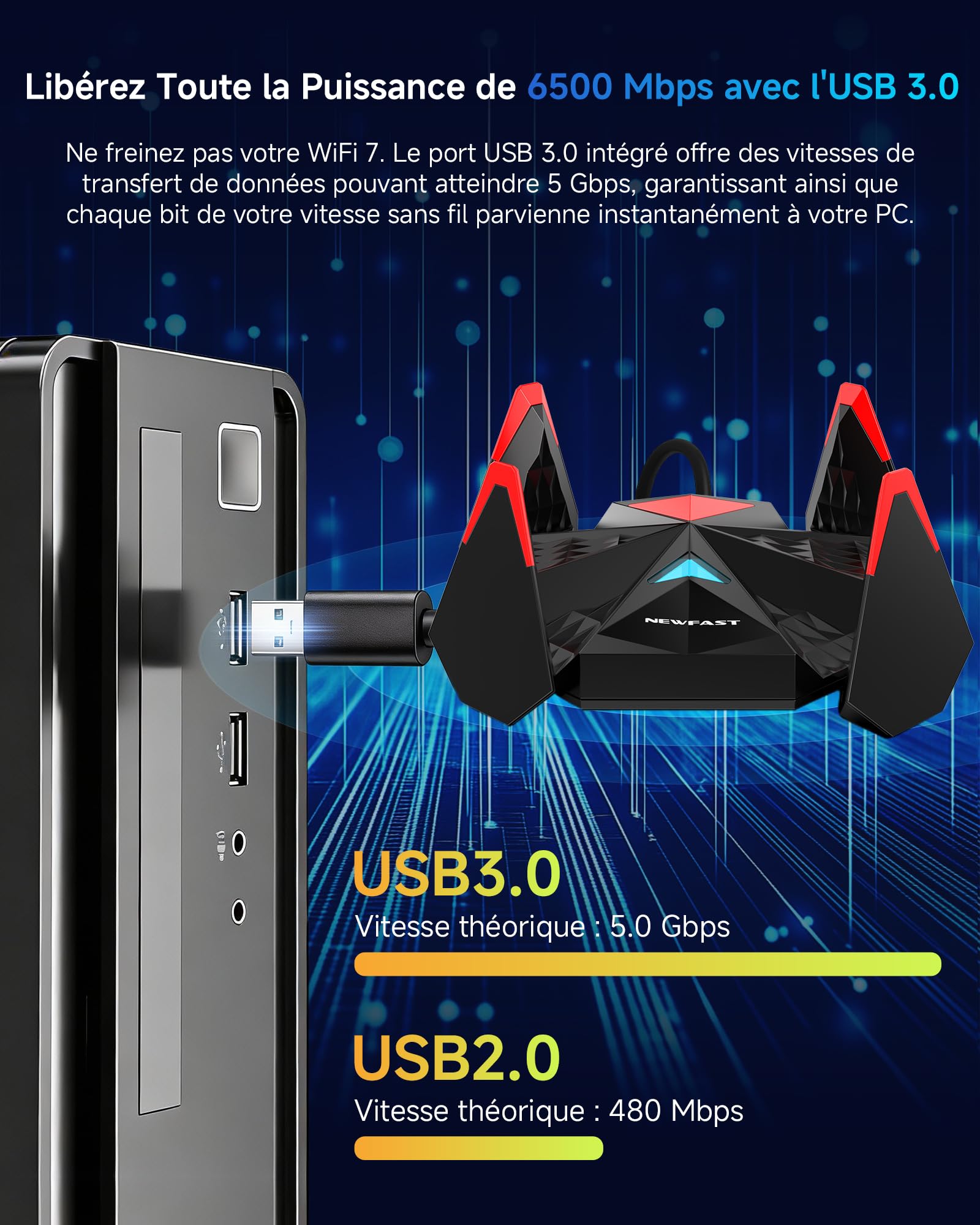 NEWFAST BE6500 Clé WiFi 7 pour PC NF-U377, Tri-Bande Adaptateur USB WiFi 7, Clé WiFi USB 3.0 avec 4 Antennes 90° et Câble Type-C vers USB 1,2 m, 6GHz Dongle USB WiFi Compatible avec Windows 11/10