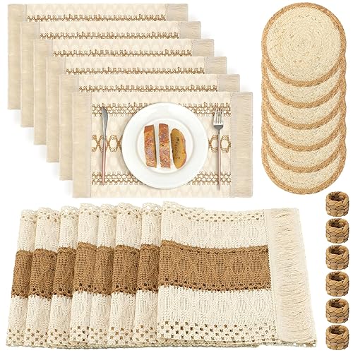 Xuhal 19 Pcs Boho Table Runner Placemat and Napkin Ring