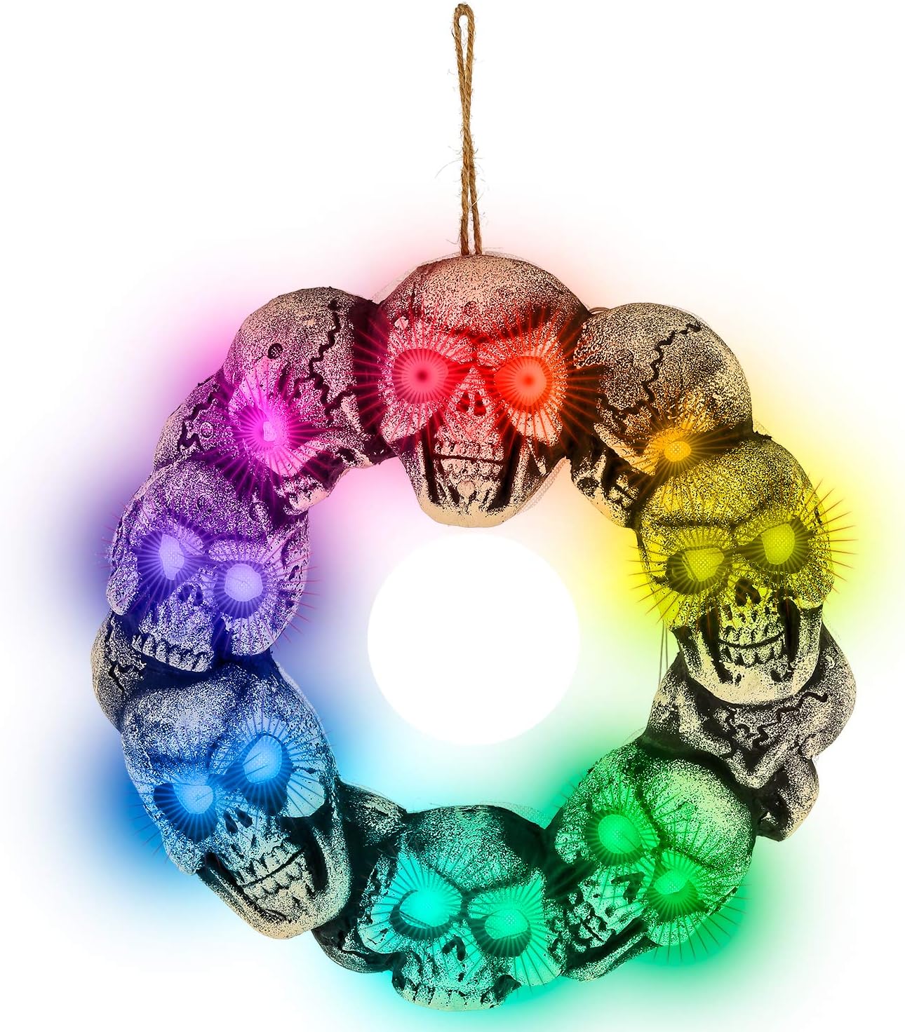 Halloween Haunters Hanging Skull Door Wreath with Flashing Multi-Color LED Lights Prop Decoration - Spooky Light-Up Blinking Round Skeleton Head - Haunted House Entryway