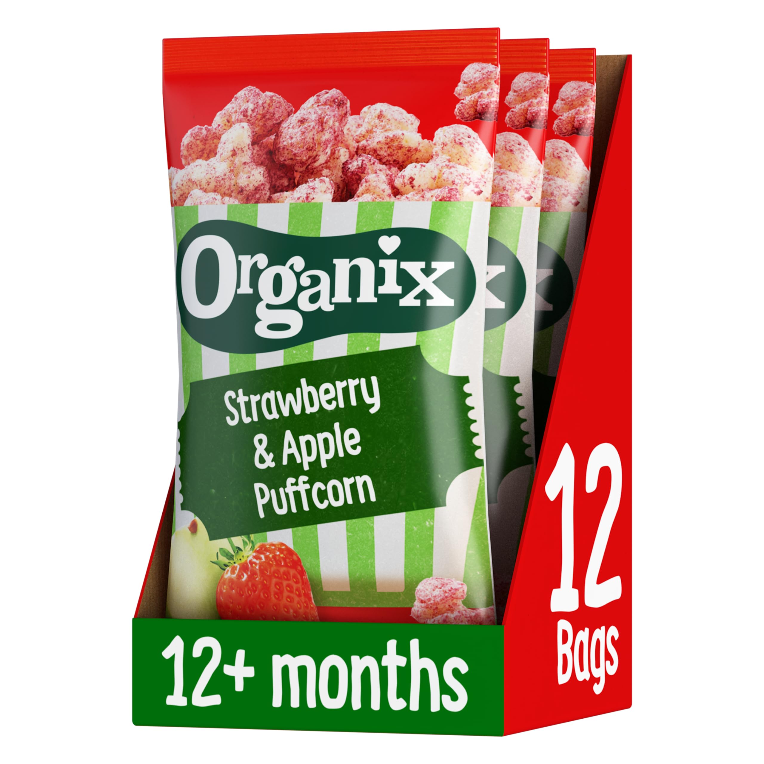 Organix Strawberry & Apple Puffcorn, Organic Toddler Snack, Finger Food, 12+ Months, Multipack, 4 x 10 g Bags Per Pack (3 Packs Total)Organix Strawberry & Apple Puffcorn, Organic Toddler…