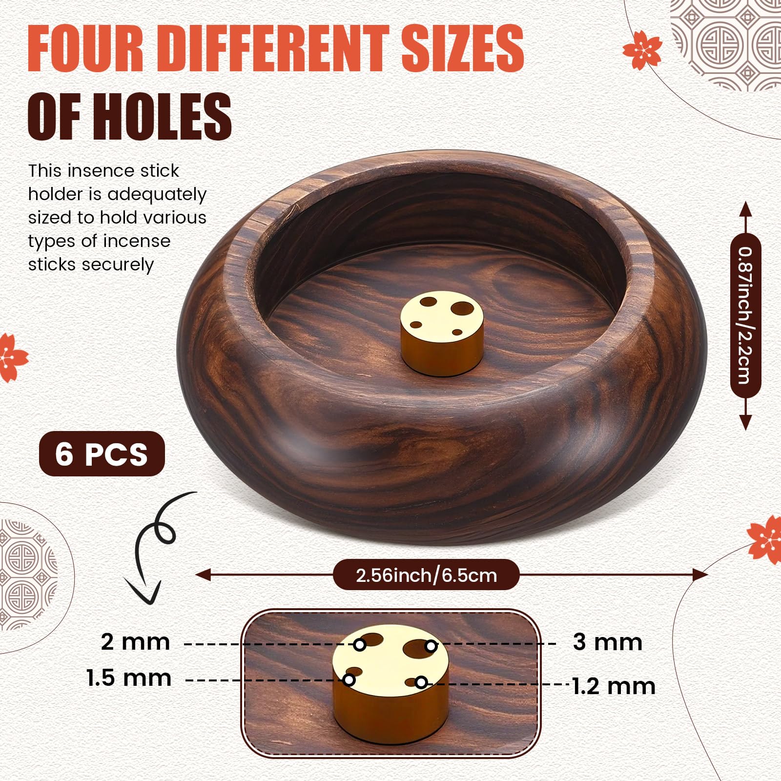 Honeydak 6 Pcs Incense Holder for Stick Wooden Round Incense Burner Stick Holder Bowl Ash Catcher Aromatherapy Ornament for Home Decor, Meditation, Yoga