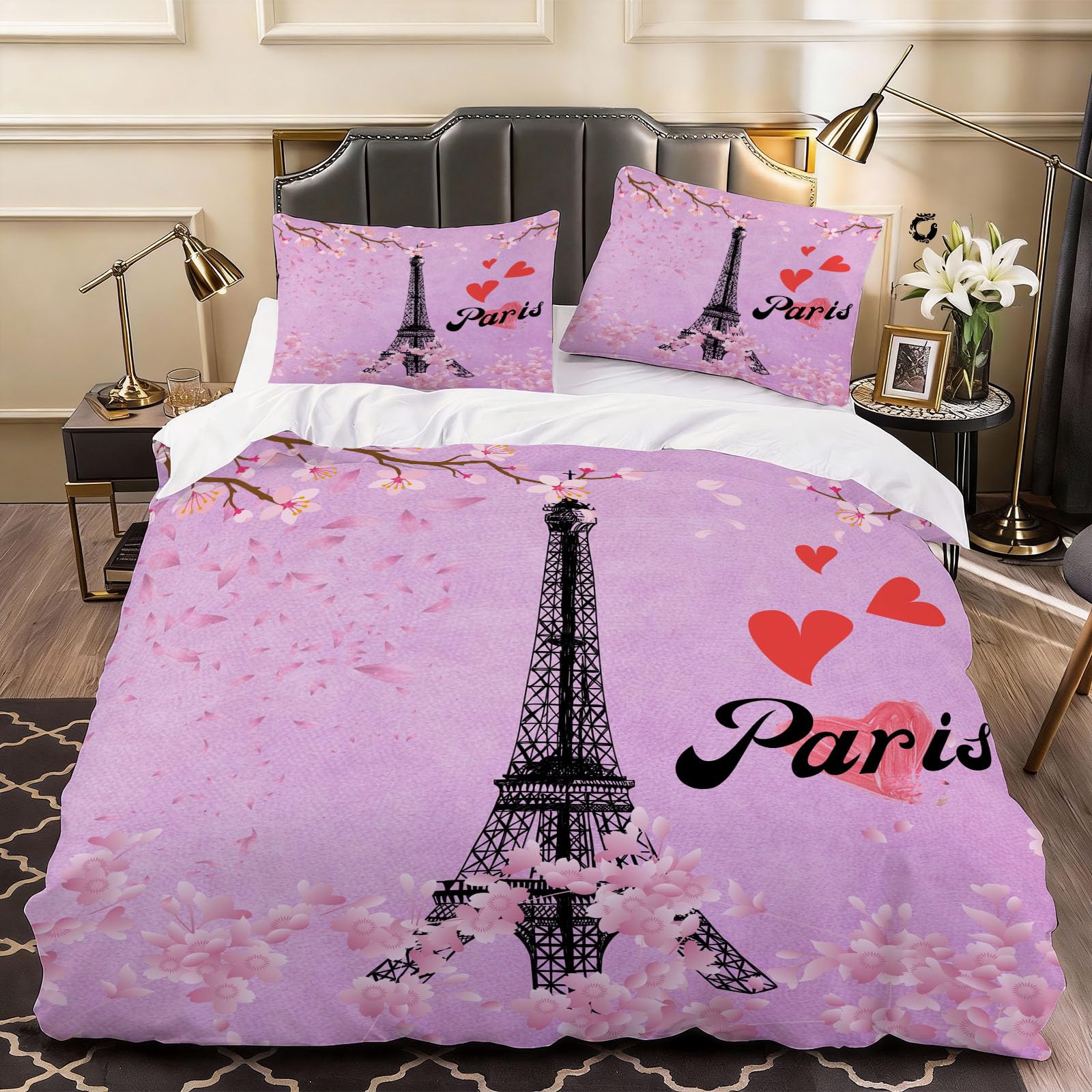 3D Eiffel Tower Duvet Cover Blossom Flowers Bedding Super King Bed Set, Soft Microfiber Comforter Cover Printed with Zipper Closure Quilt Coverr 260x220 cm and 2 Pillowcases