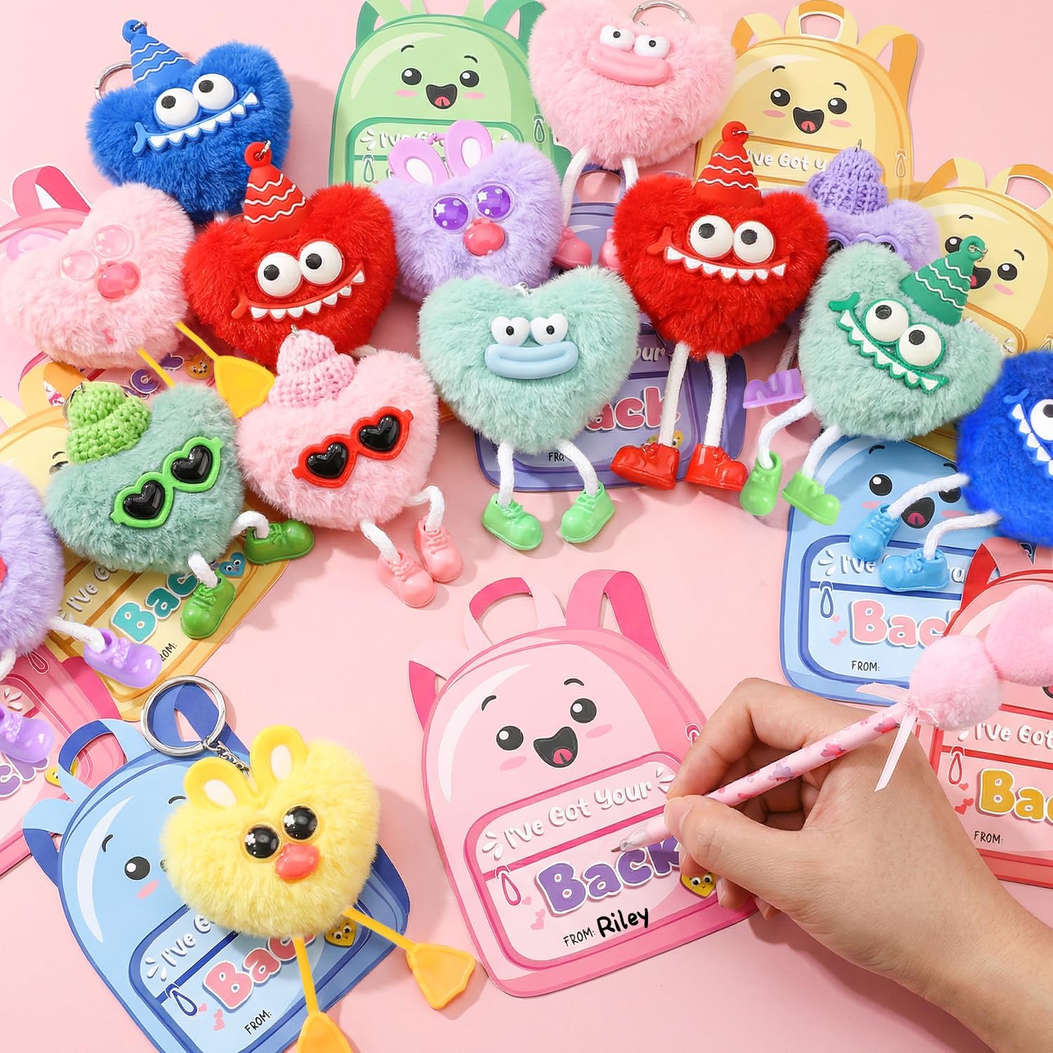 MOVINPE 30 Pack Kids Keychains Valentine’s Day Classroom Gift Exchange, Fluffy Plush Keychains with Gift Cards & Bags, Bulk Classroom Prizes, Treasure Chest Toys for Kids School Party Favors - Image 3