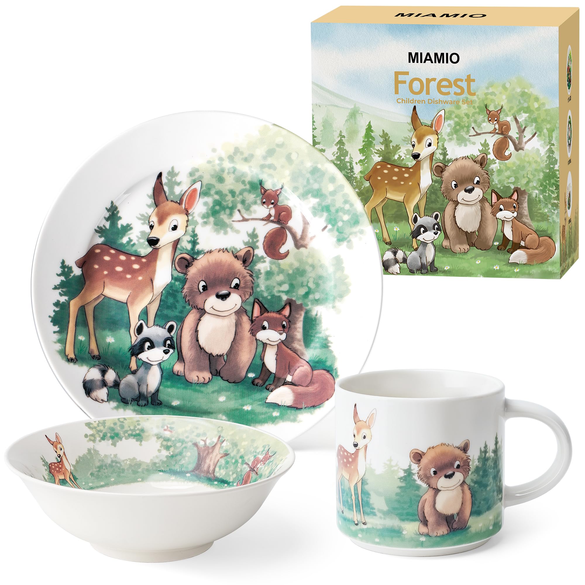 MIAMIO, Set of 3 Kids Dinnerware Set/Porcelain Children Dishes, Kids Dish Set, Children’s Tableware Set, Includes Plate