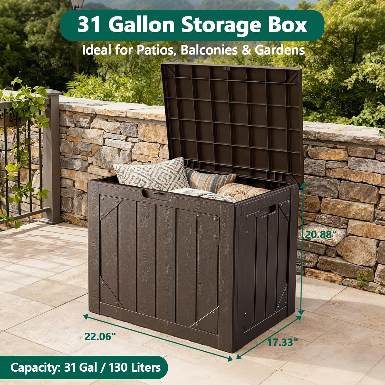 Outdoor Storage Box,31 Gallon Deck Box Outdoor Storage Bench Outside Waterproof Resin Storage Bench, Lockable Patio Cushions, Garden Tools Storage For Furniture, UV Resistant Brown