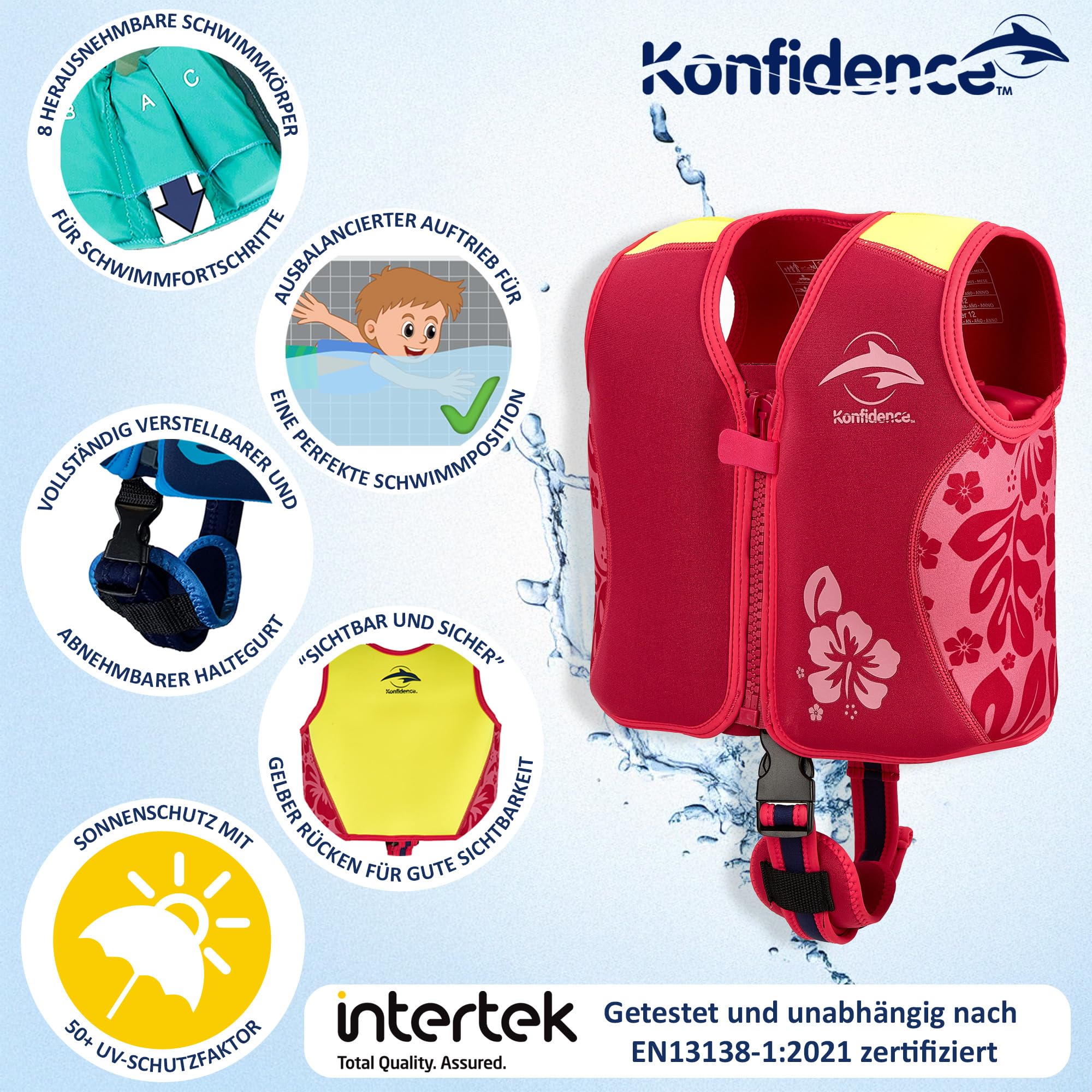 Konfidence Schwimmweste – Premium-Schwimmjacke mit abnehmbarem Sicherheitsgurt für Kinder | Einstellbarer Auftrieb | CE-konform | Von Schwimmschulen empfohlen