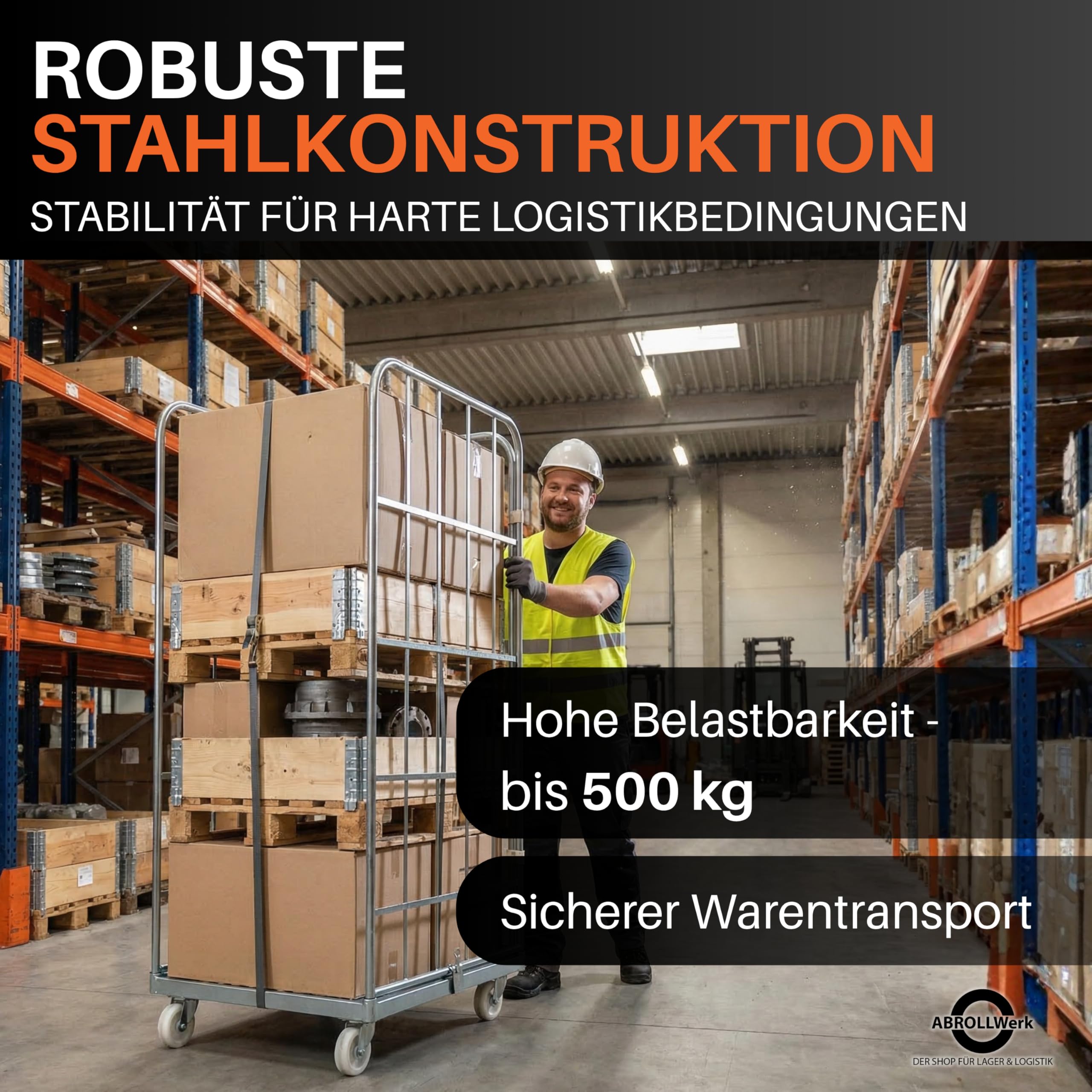 3-seitiger Stahlrollbehälter 1460 Metall - Abmessungen außen 710 x 800 x 1640 mm, Langlebig mit Korrosionsresistenter Cr 3-Beschichtung, Ideal für Lager, Logistik & Einzelhandel