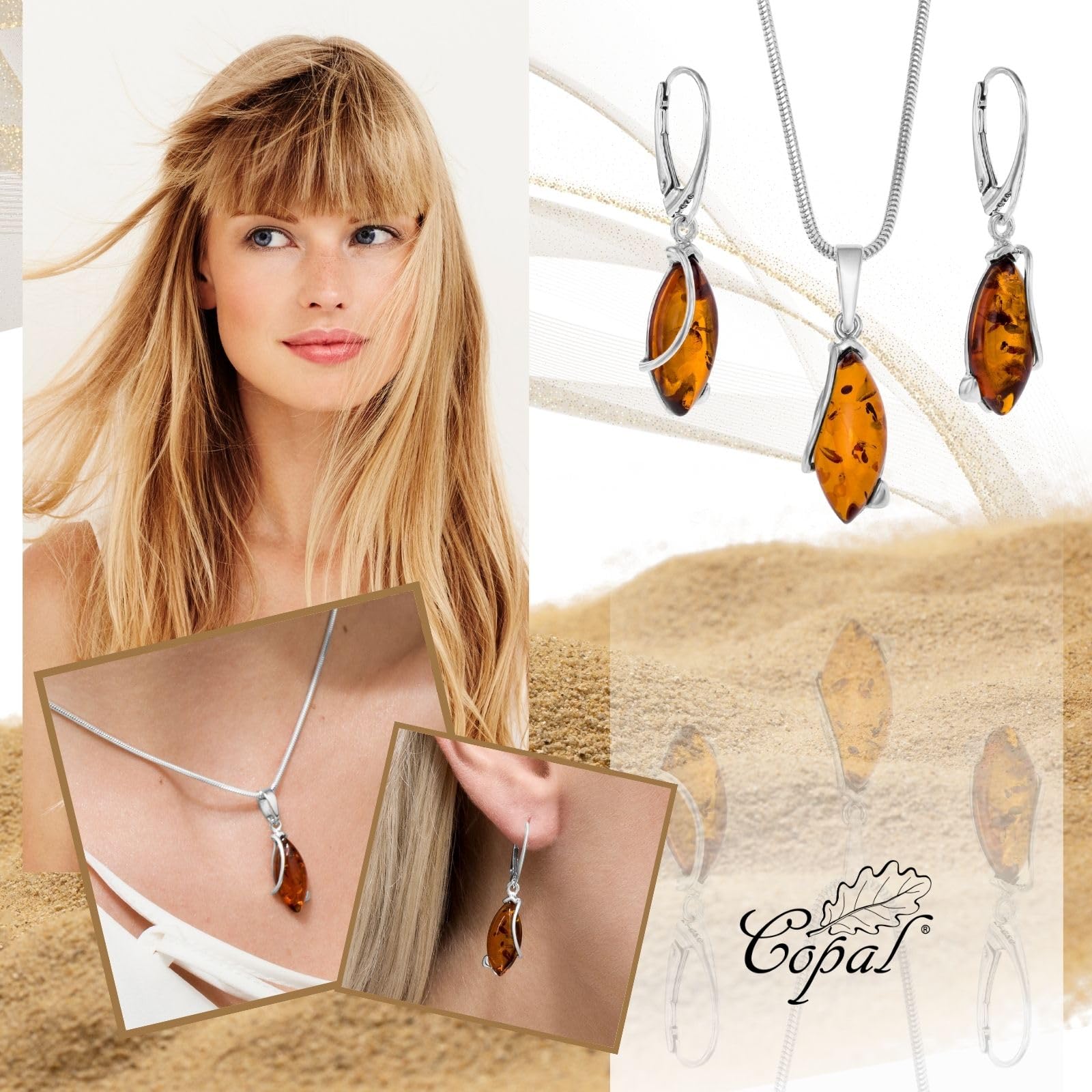 Copal Conjunto De Joyas Para Mujer Con Ámbar Y Plata 925 Con Cadena Ajustable