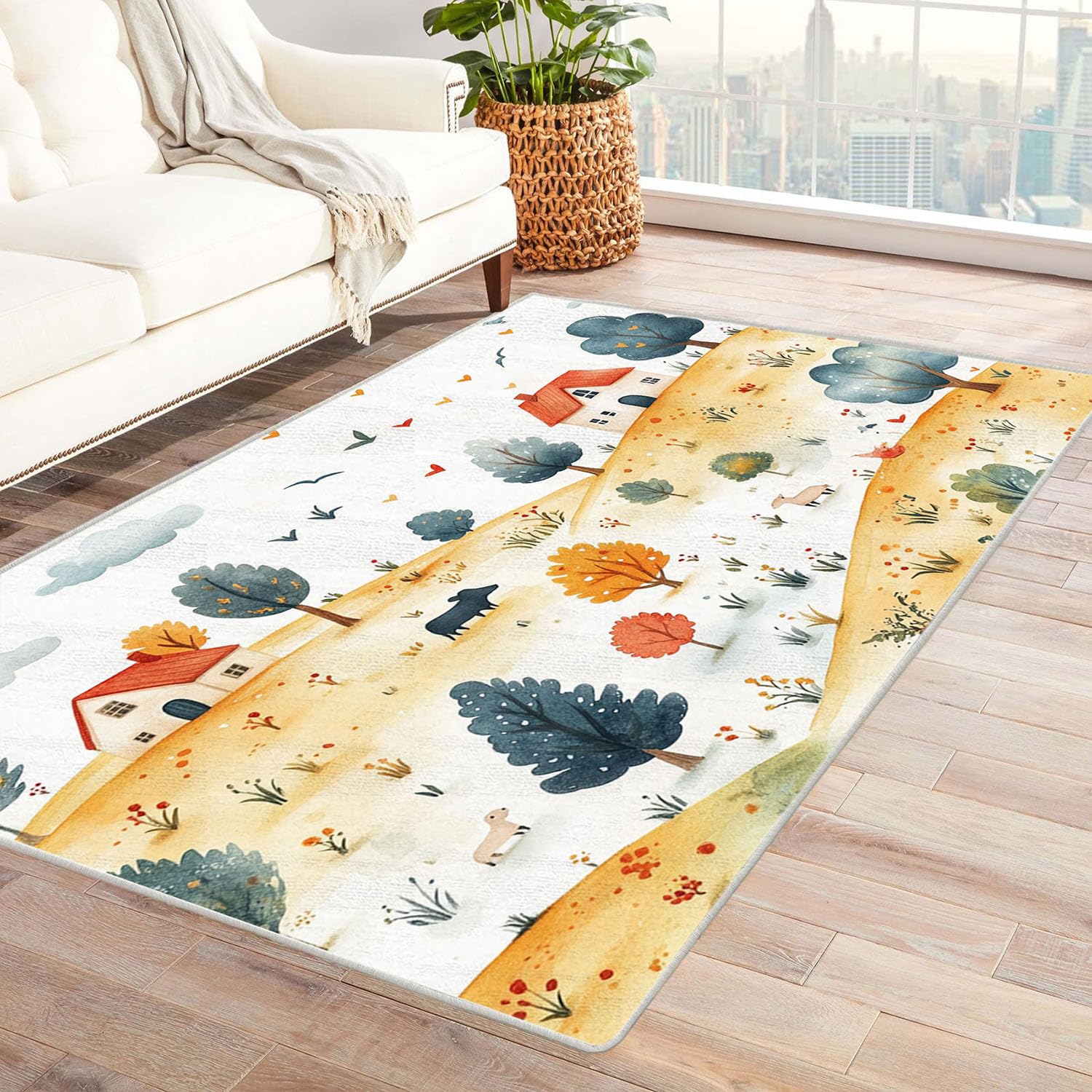 Tapis de salon doux paysage jaune 60x90cm lavable et antidérapant à poils courts