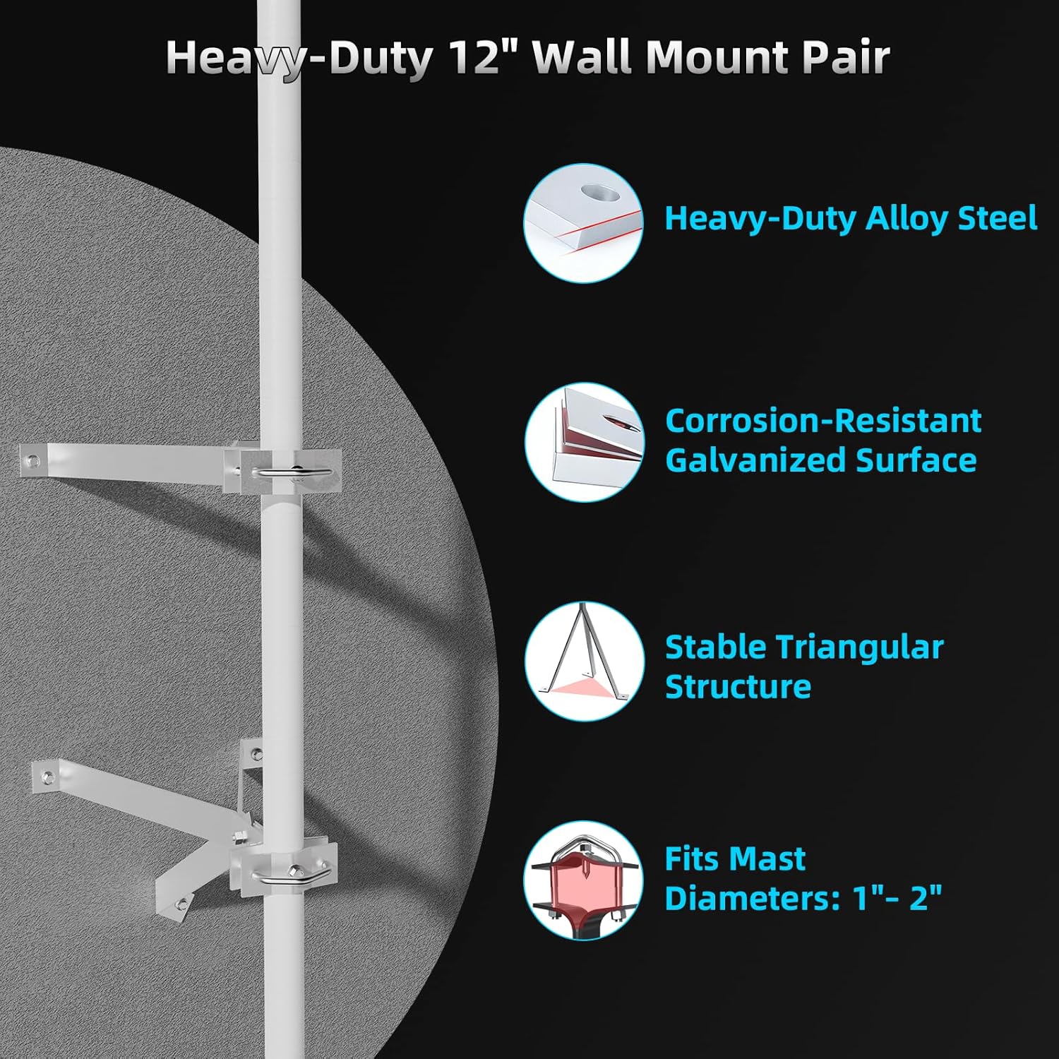12" Heavy-Duty Antenna Mount Bracket, Adjustable Antenna Mast Mount, Waterproof Wall Mount Pair for TV Antenna Mast with 2 Brackets (Tripod & Y-Brackets) - Image 4