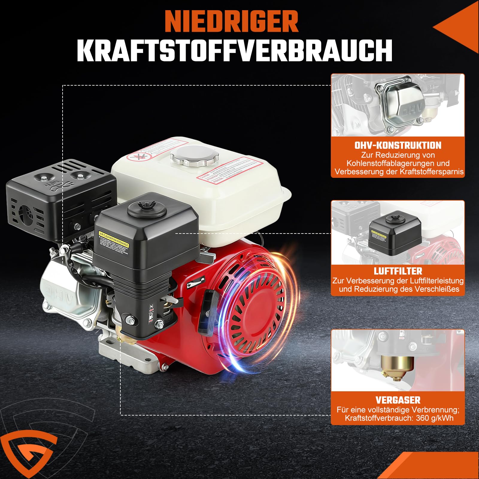 7 PS Benzinmotor Standmotor Kartmotor Antriebsmotor mit 20 mm Ø Welle, Ölmangelsicherung, 4-Takt, 1 Zylinder Benzin Motor, 212 ccm Hubraum, luftgekühlt, Seilzugstart