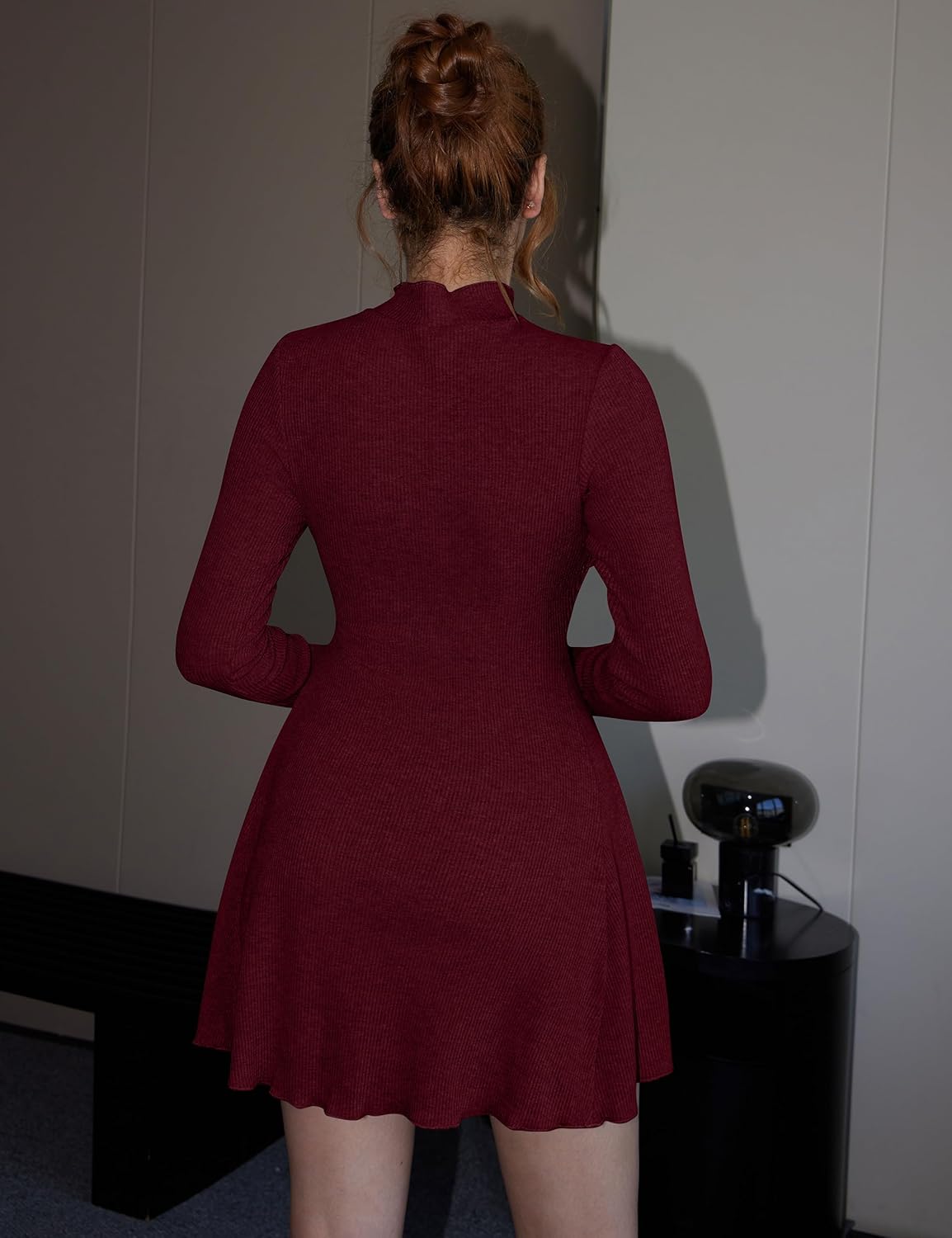 YMDUCH Women's Casual Fall Pullover Sweater Dress Mock Neck Long Sleeve Knit Ribbed Mini Dress - Image 3