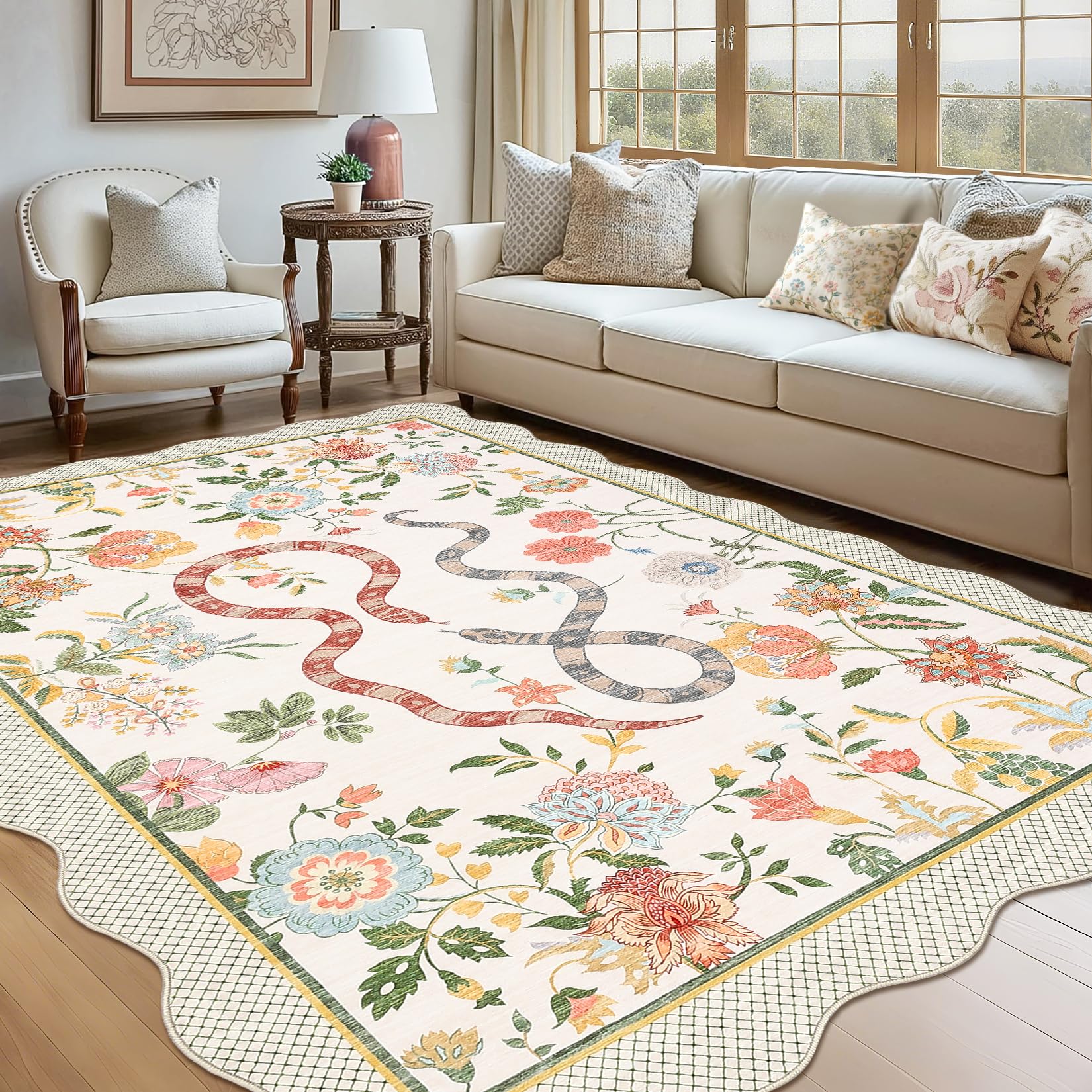 GarveeHome 9x12 Scalloped Area Rug for Living Room Garden Animal Carpet Non-Slip Low Pile Modern Floral Rugs Indoor