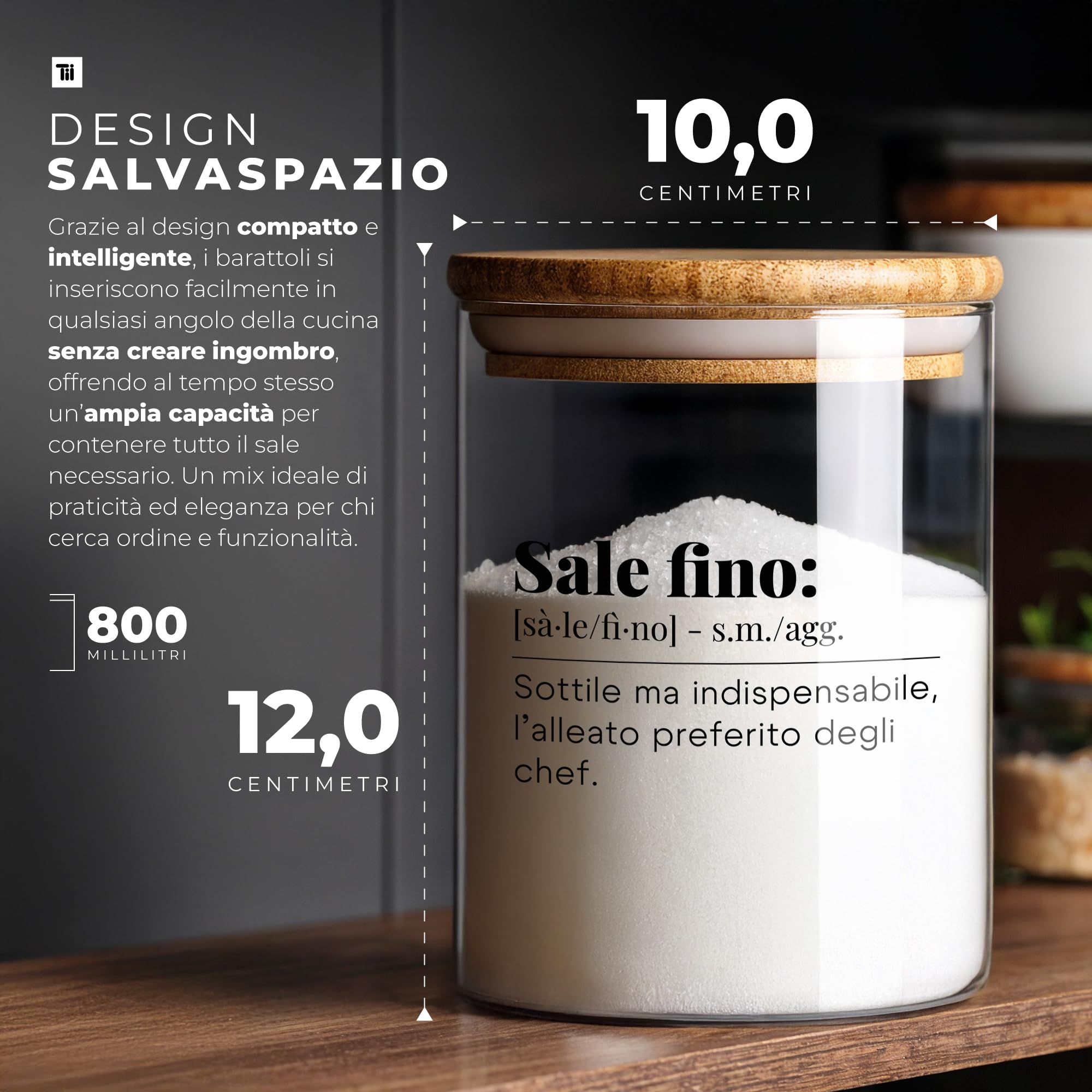 TUNDRA - Set 2 Barattoli Sale Fino e Grosso in Vetro Borosilicato con Chiusura Ermetica da 800ml - Porta Sale con Coperchio in Bambù, Contenitori Vetro Cucina Porta Spezie