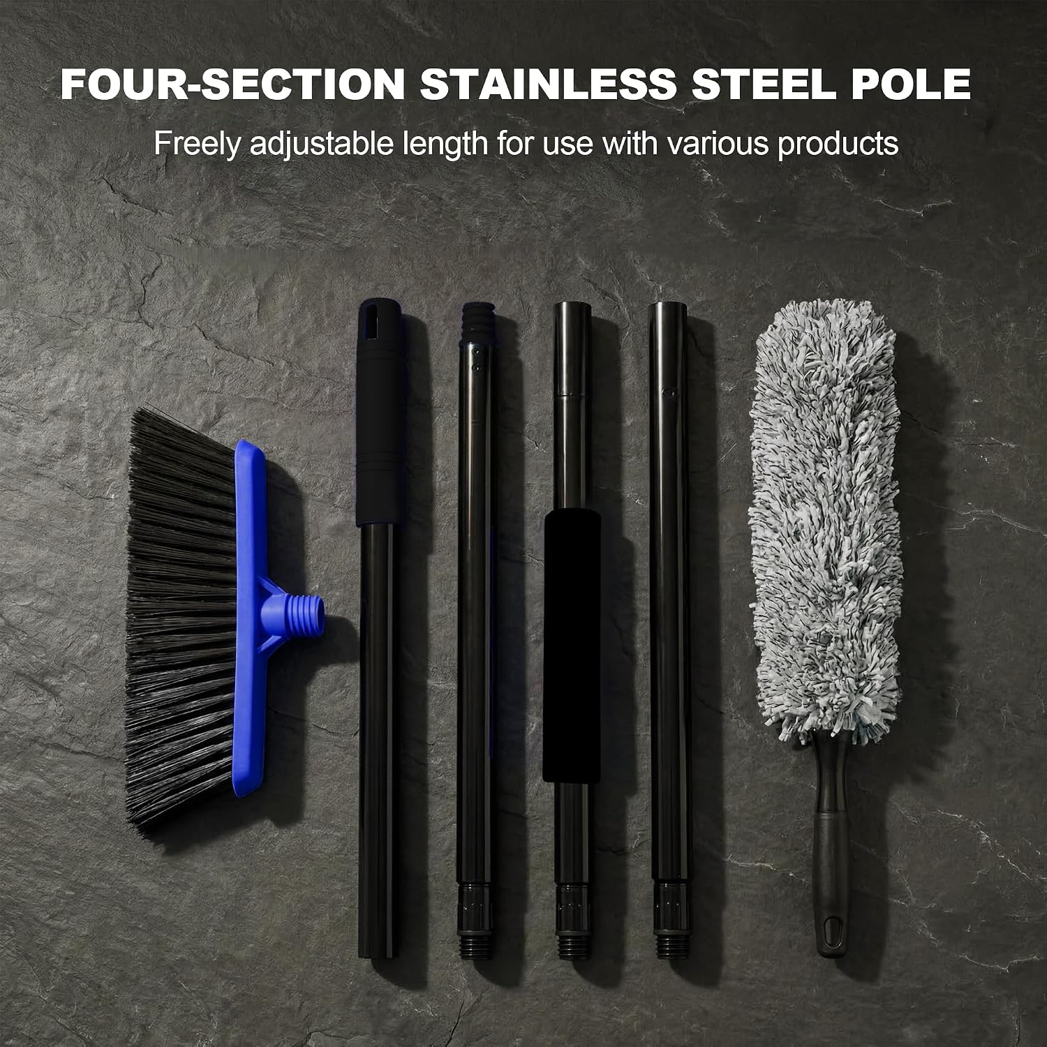 4-Section Mop & Broom Handle, 57 Inch/145cm Heavy Duty Pole with EVA Foam Soft Grip, Standard American Threading, Universal Replacement Handle for Most Mop and Broom Heads (Black)