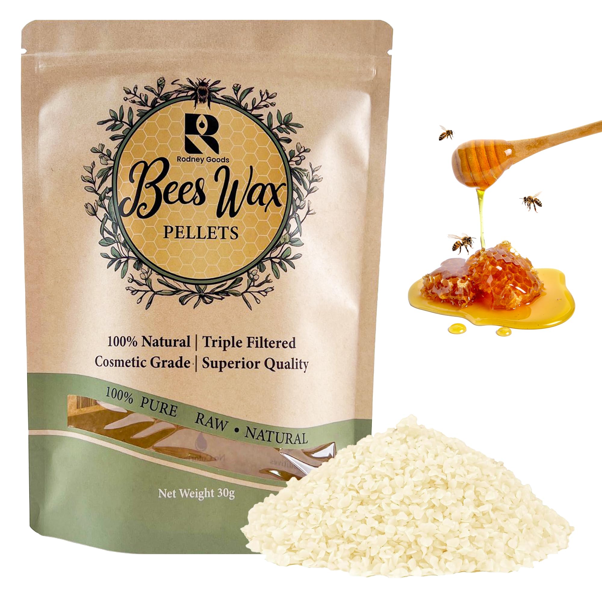 RODNEY GOODS Natural Beeswax Pellets – Triple Filtered, Cosmetic Grade, Premium Quality White Wax for DIY Skincare, Candle Making, Lip Balms, Soaps,